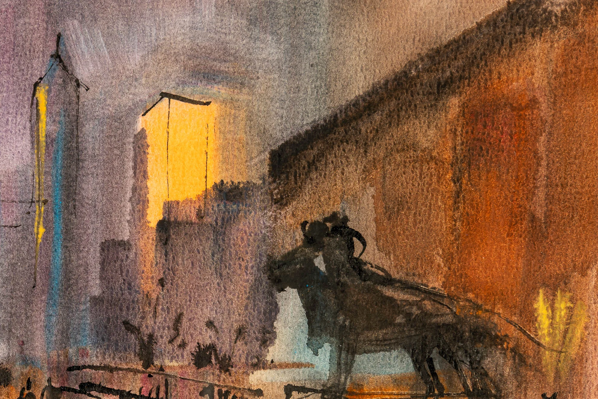 Close-up of Into the Night, an original watercolour and ink painting by Paul Kenton, showing a dark horse and rider against a glowing amber window and warm orange building walls.