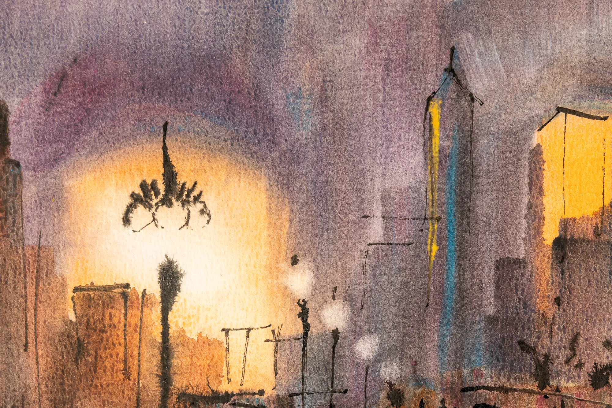 Close-up of Into the Night, an original watercolour and ink painting by Paul Kenton of Chicago: a glowing amber street scene with silhouetted towers and loose ink strokes against violet dusk.