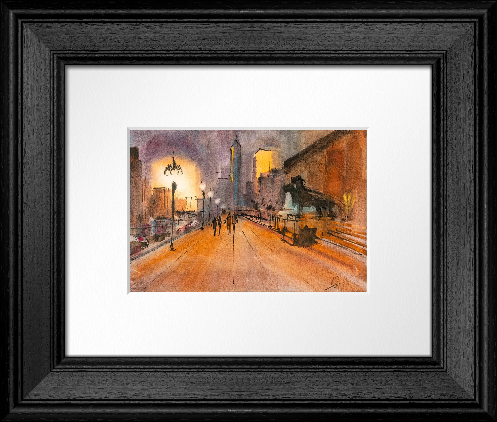 Into the Night, an original watercolour and ink painting by Paul Kenton of a Chicago street at dusk, shown in a black wooden frame with a white mount. Warm orange tones and glowing street lamps lead towards tall city towers.