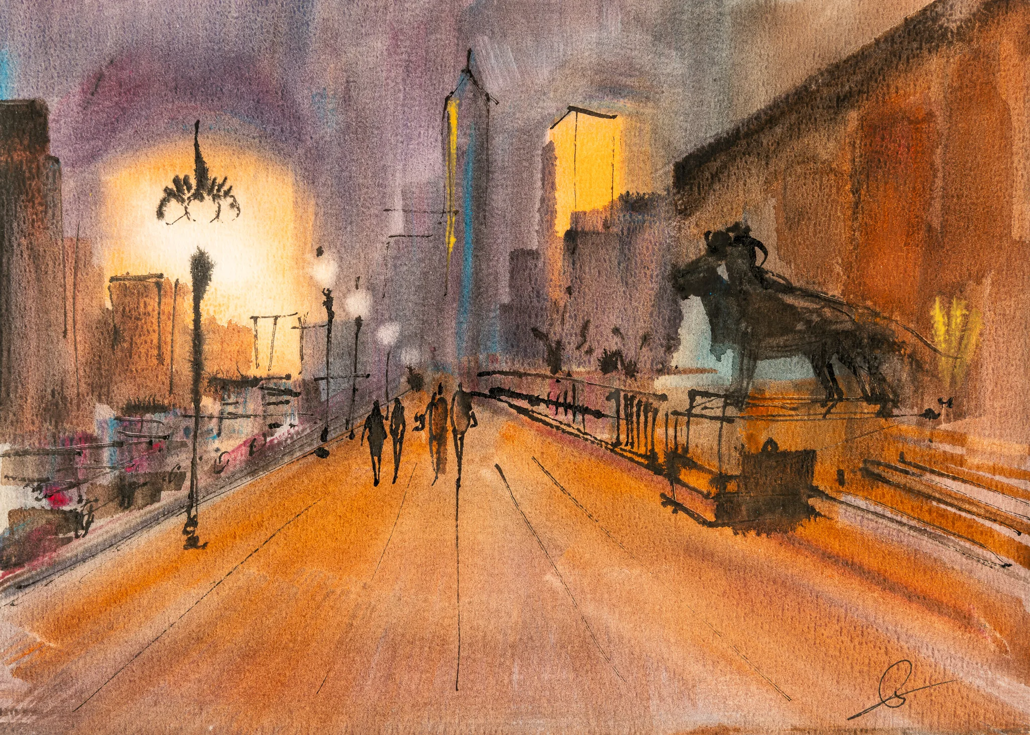 Into the Night, an original painting by Paul Kenton: a watercolour and ink street in Chicago at dusk, three dark figures walking towards a glowing streetlamp, with warm orange and violet tones.