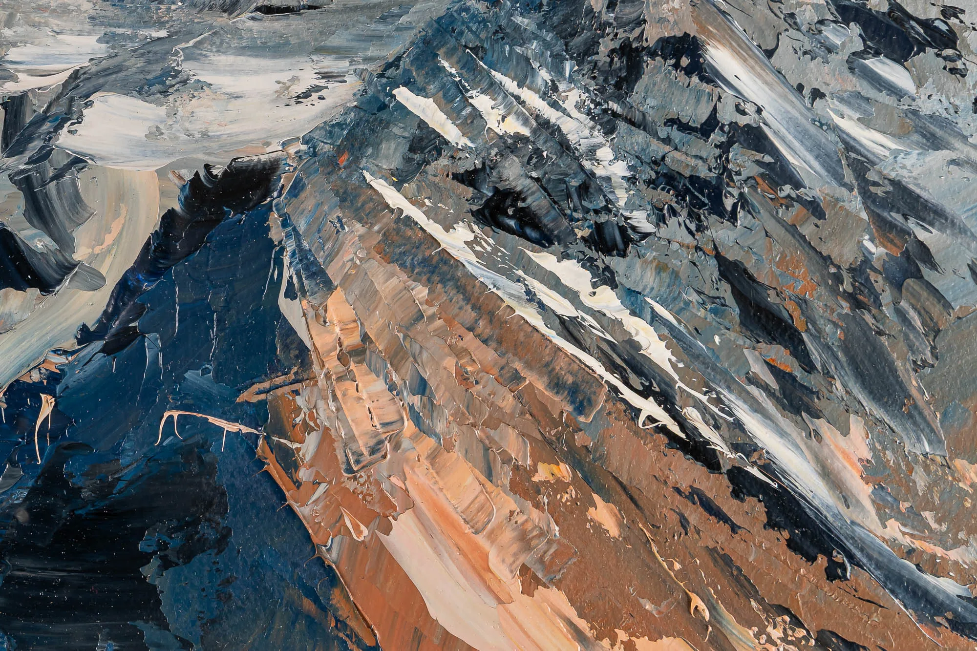 Close-up of Rugged Rhythms, an original painting by Paul Kenton: thick palette-knife strokes of slate blue, grey and rust-brown form a craggy alpine ridge, with pale snow highlights.