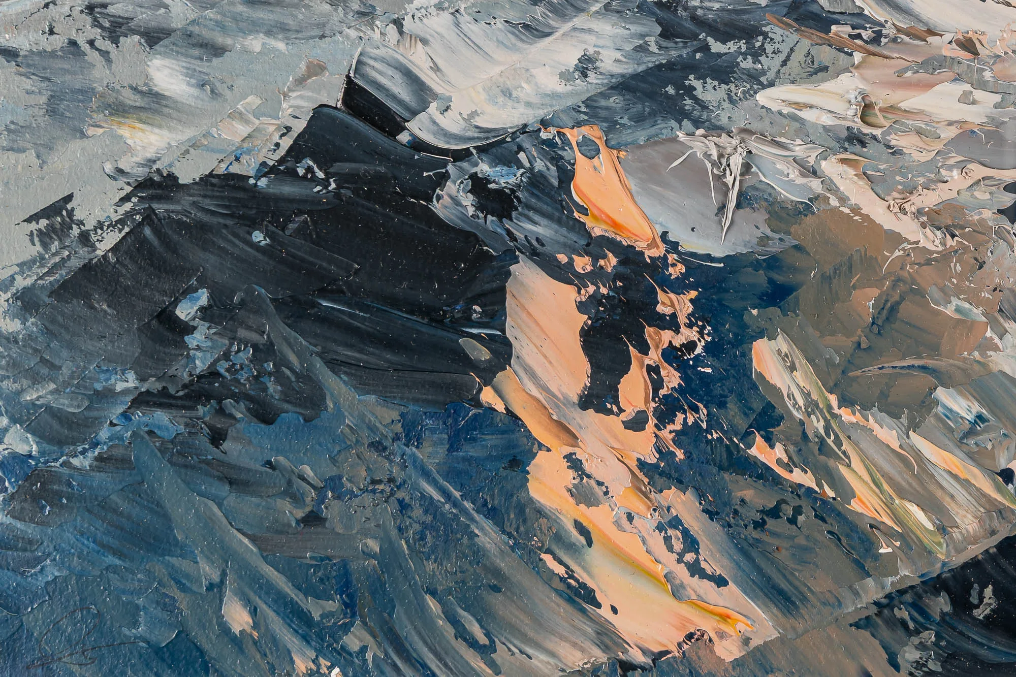 Close detail of Rugged Rhythms, an original Paul Kenton oil painting of the Alps: thick palette-knife strokes of charcoal, slate blue and white, with warm peach highlights catching the light.