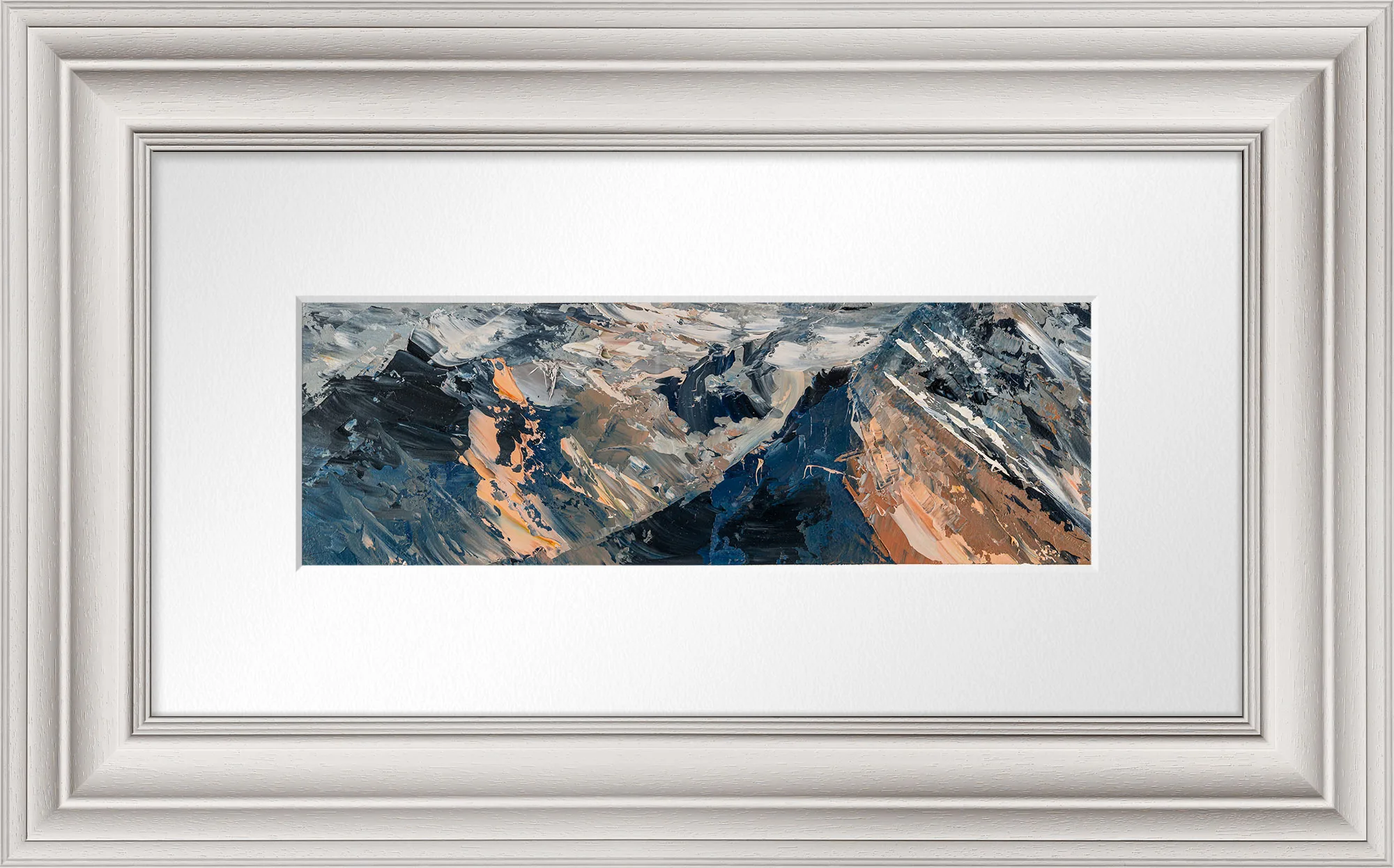 Rugged Rhythms, an original oil painting by Paul Kenton of the Alps, a long thin panel of thickly textured blue, grey and orange peaks, in a white ornate frame with a wide white mount.