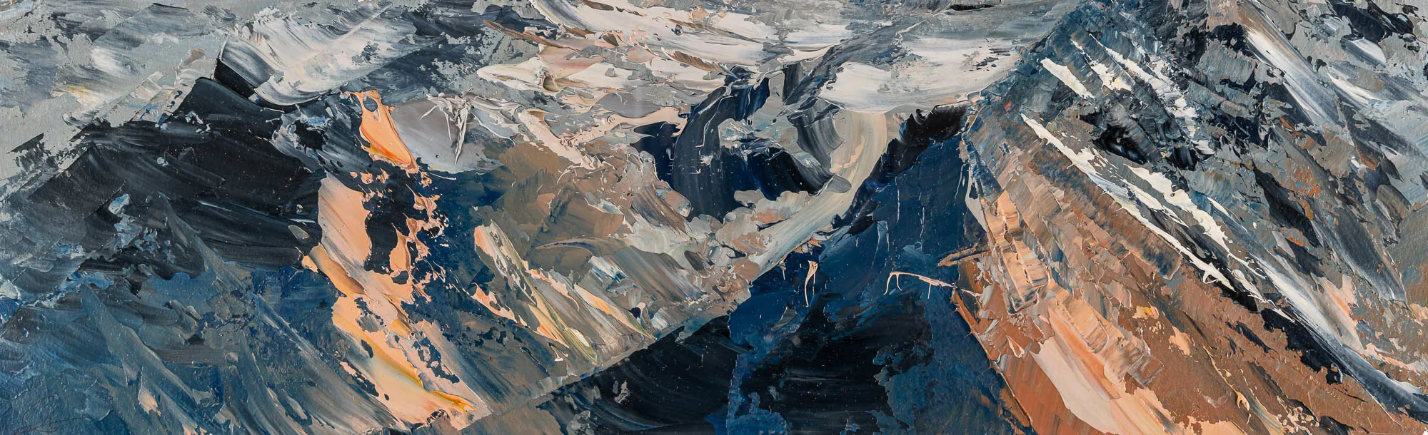 Rugged Rhythms, an original painting by Paul Kenton: thick, palette-knife strokes of slate blue, charcoal, cream and rust build a rough, rocky Alpine landscape with a restless energy.