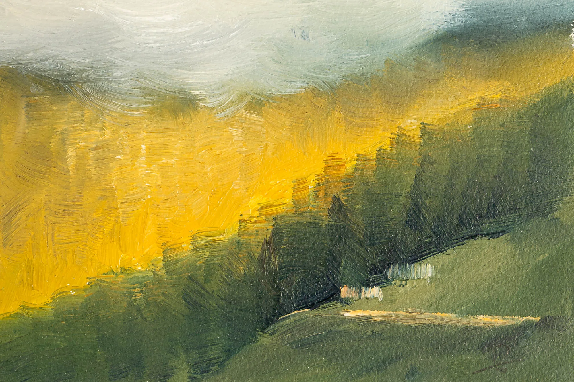 Close-up of Echoes In The Mist, an original oil painting by Paul Kenton, showing loose, sweeping brushstrokes of golden yellow sunlit grass beneath grey-white mist, with deep green hedgerows and a pale path below.