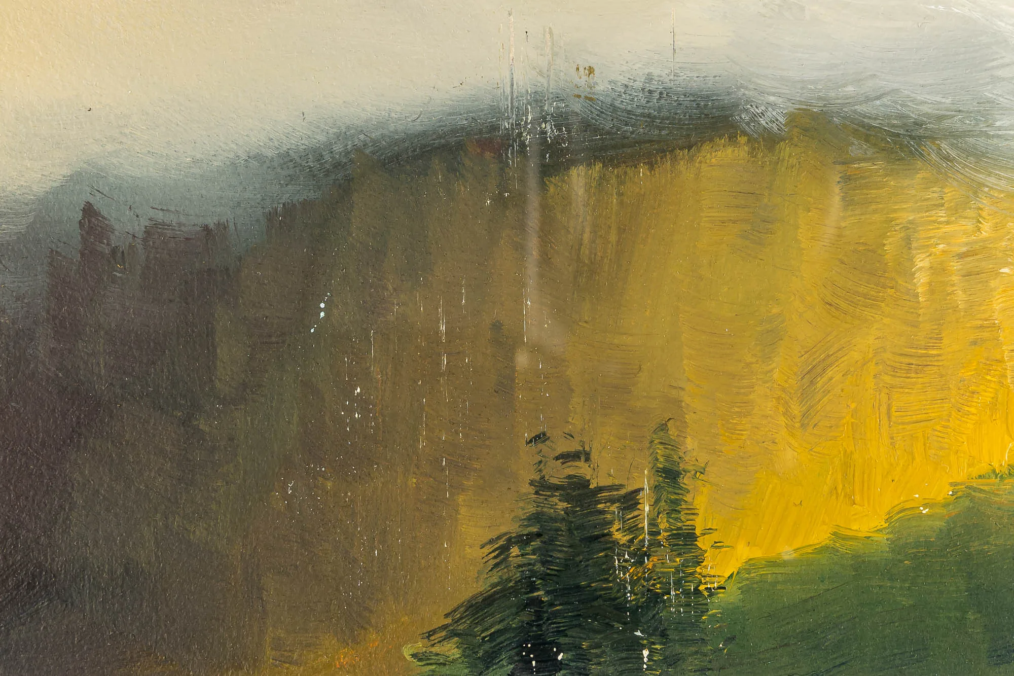 Close-up of Echoes In The Mist, an original oil painting by Paul Kenton, showing loose, textured brushstrokes of misty grey, ochre yellow and dark green pine trees.