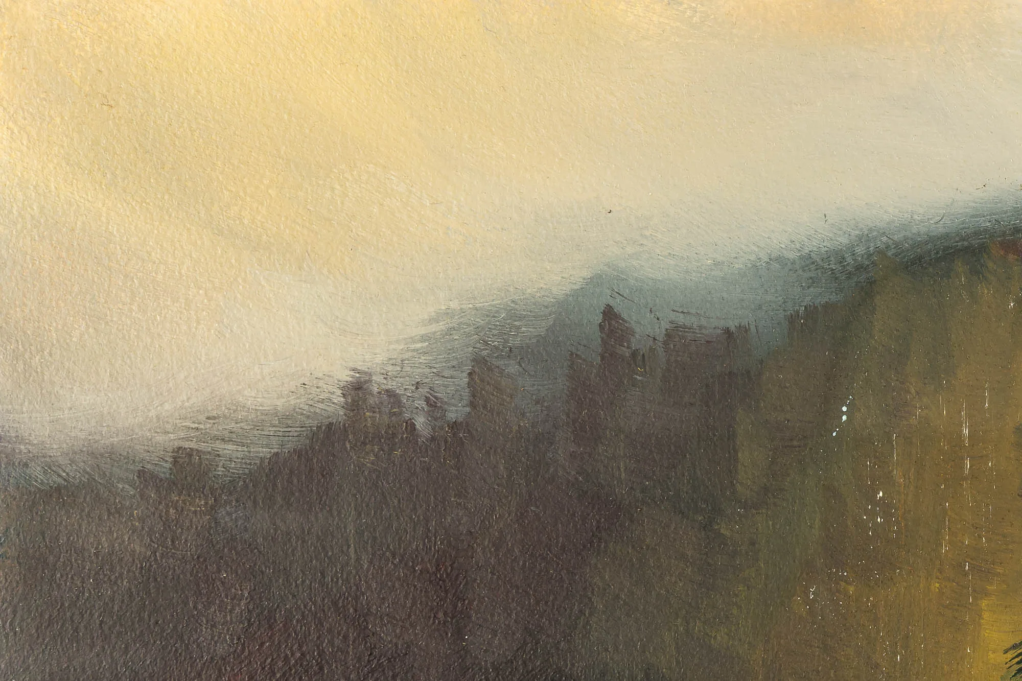 Close-up of Echoes In The Mist, an original oil on paper painting by Paul Kenton, showing pale gold sky fading into grey mist above dark, blurred rooftops and textured brushwork.