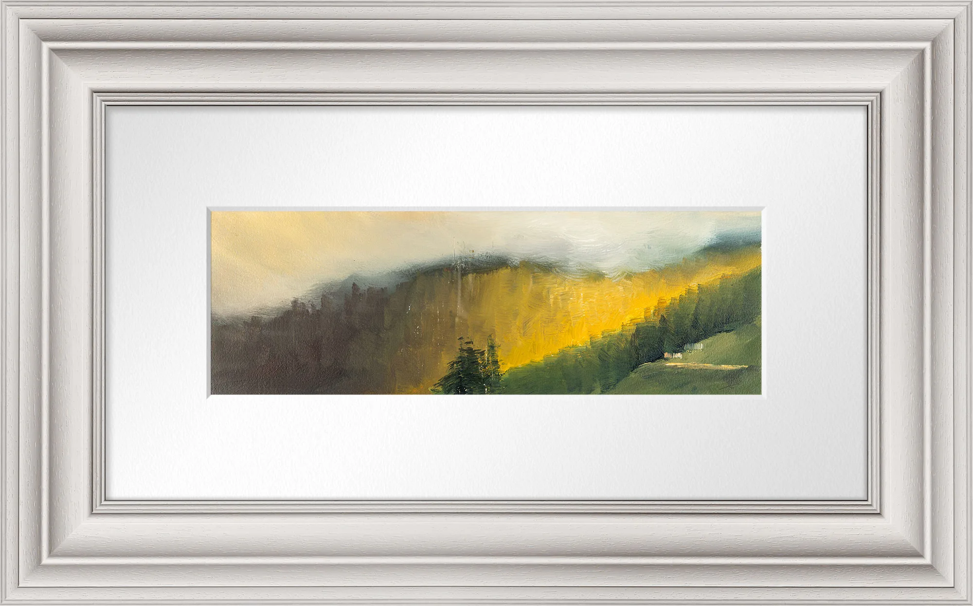 Echoes In The Mist, an original oil painting by Paul Kenton, shown in a white ornate frame: a misty hillside glowing gold and ochre, with dark conifers and a small white house at the lower right.