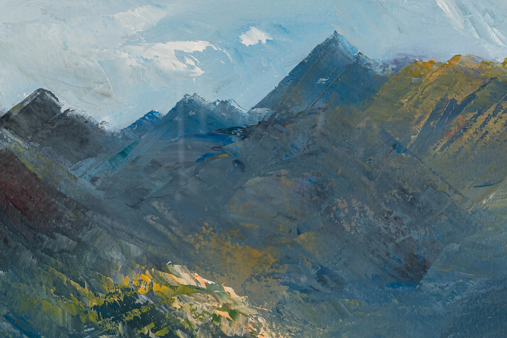 Close-up of Serene Expanse, an original oil on paper painting by Paul Kenton: thickly textured blue-grey peaks rise above a sunlit green and ochre valley slope.