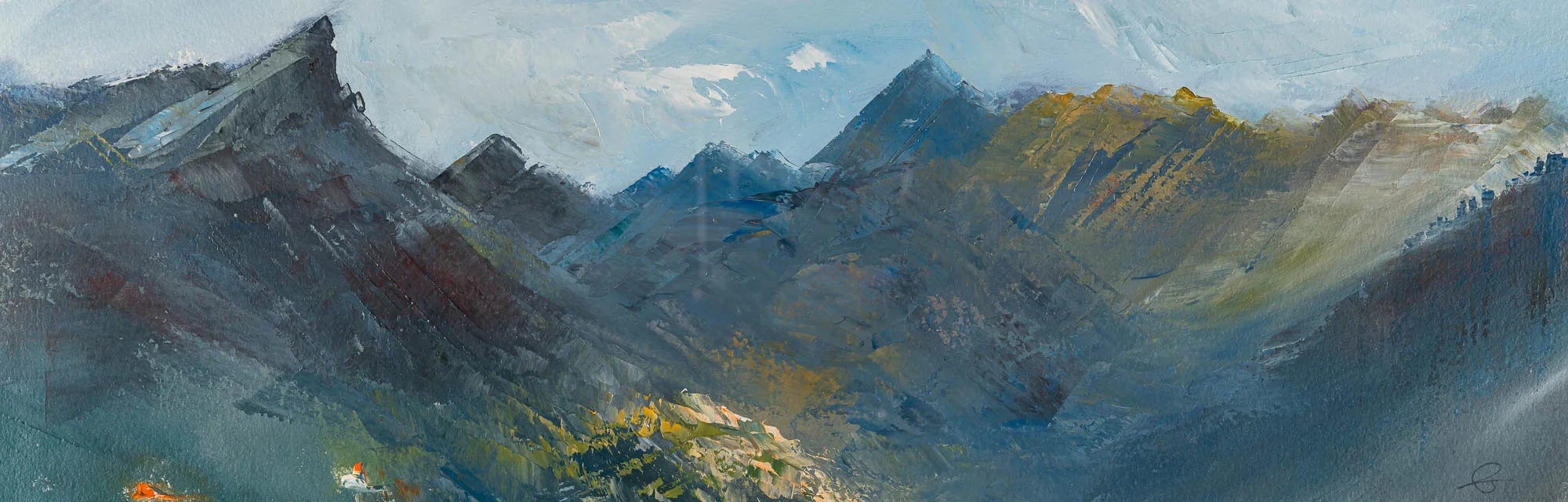 Serene Expanse, an original painting by Paul Kenton: a panoramic view of craggy, shadowed Alpine peaks in blue-grey and rust, with sunlit yellow slopes and a pale cloud-filled sky.