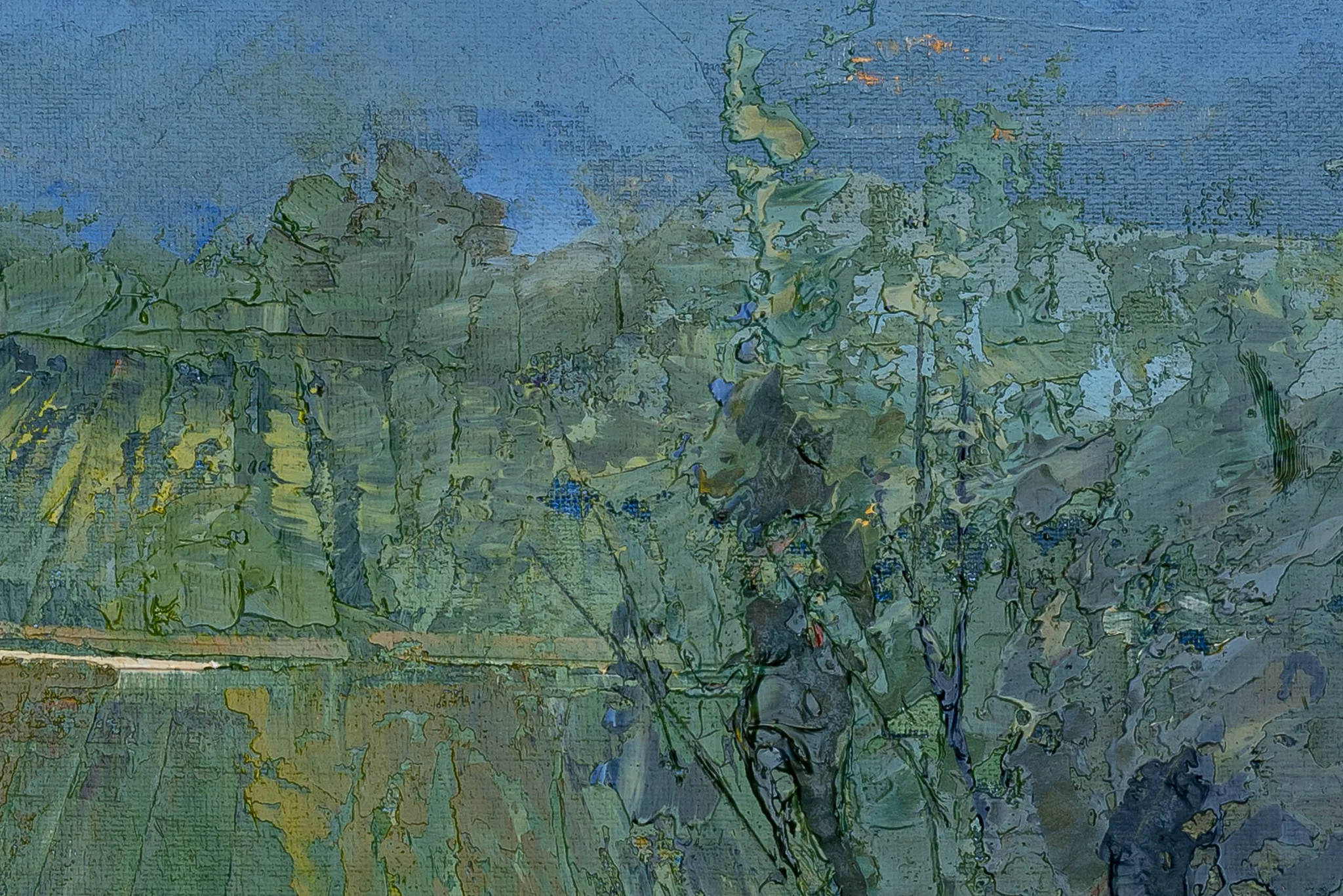 Close-up of Distant Mountains, an original oil painting by Paul Kenton, showing thick, textured green and blue brushstrokes of foliage and a pale blue sky.