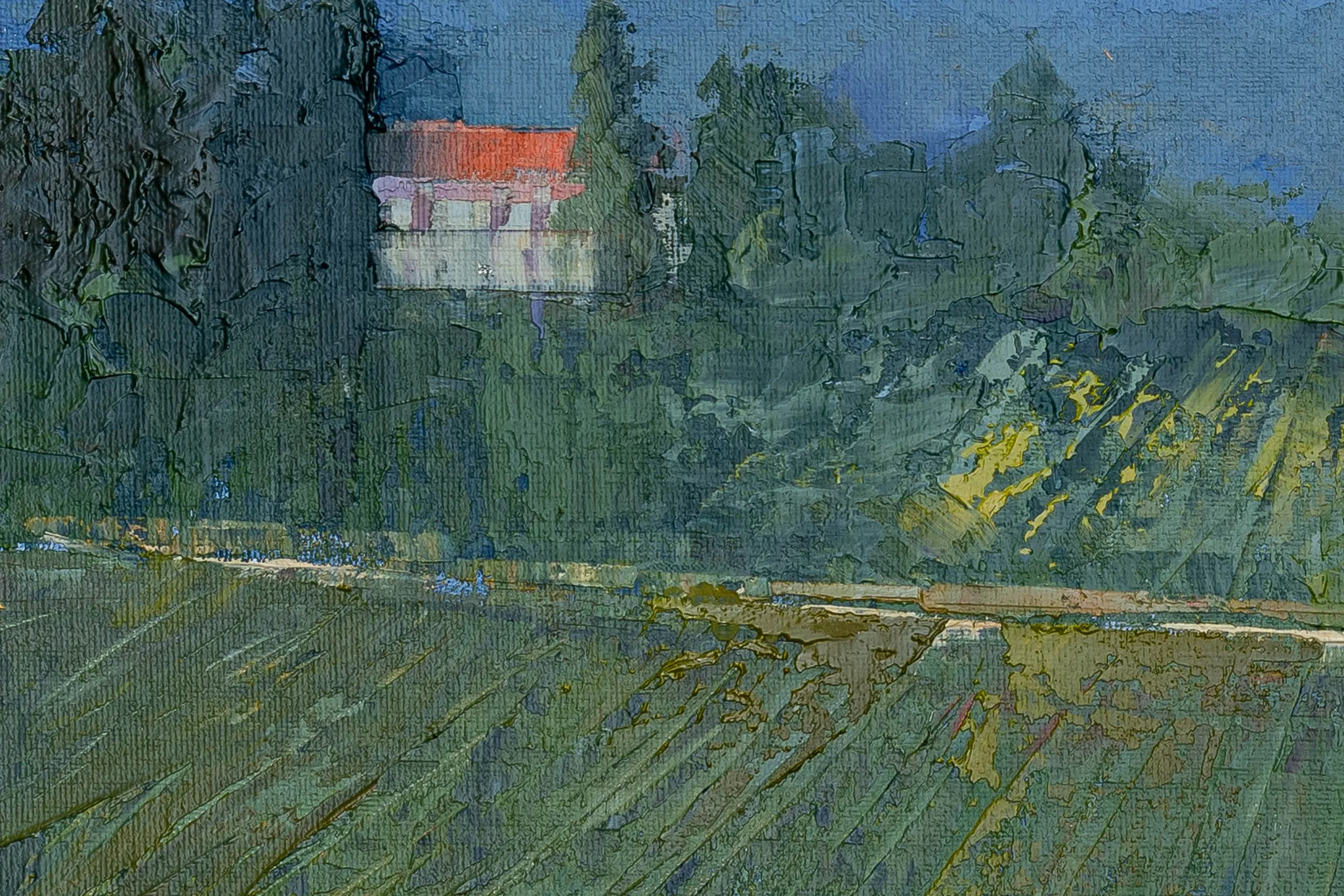 Close-up of Distant Mountains, an original oil painting by Paul Kenton, showing thick green and blue brushwork, a small white house with a red roof among dark trees, and yellow-flecked fields.
