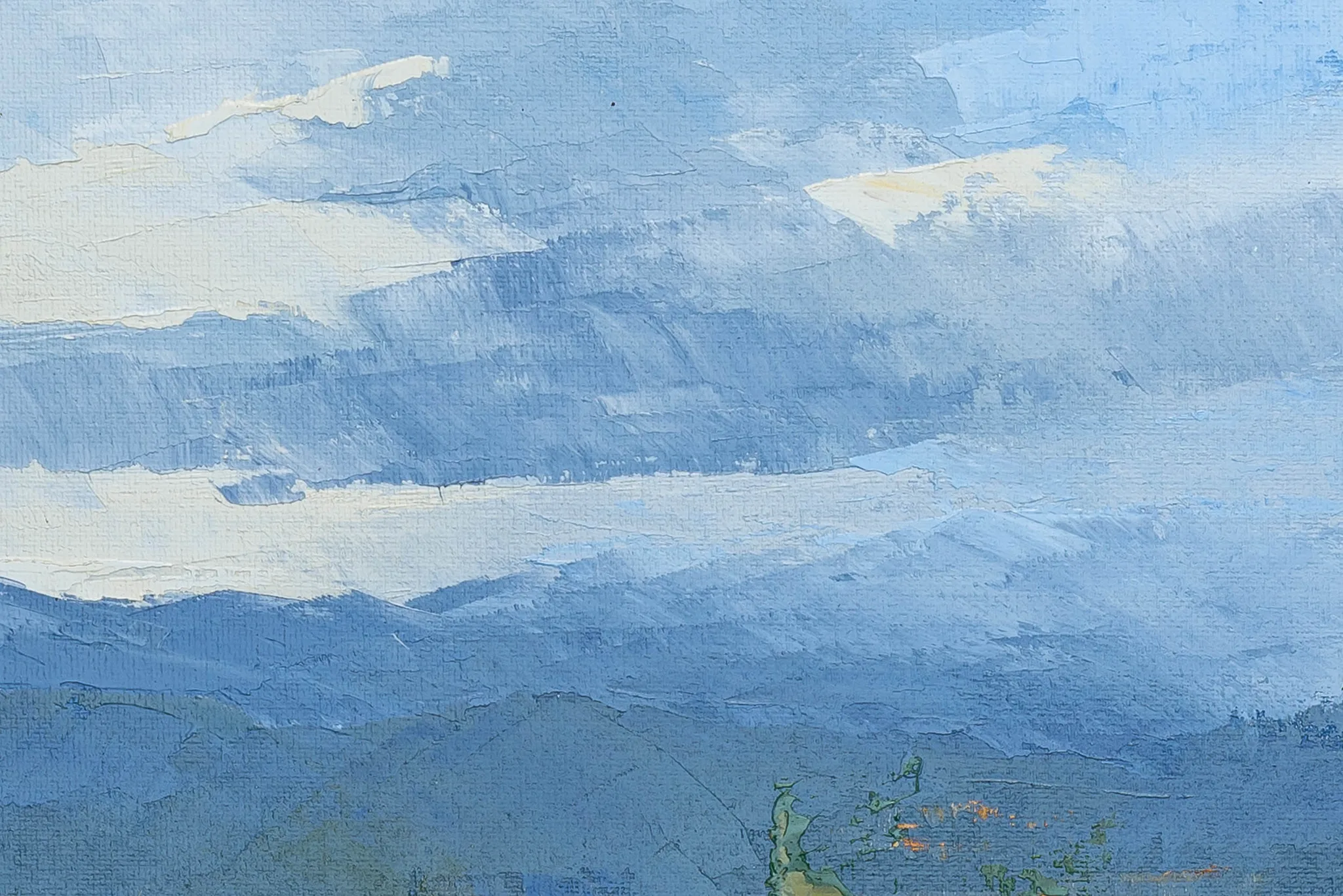 Close-up of Distant Mountains, an original oil painting by Paul Kenton, showing thick blue brushstrokes of layered sky and hills with pale cream clouds.