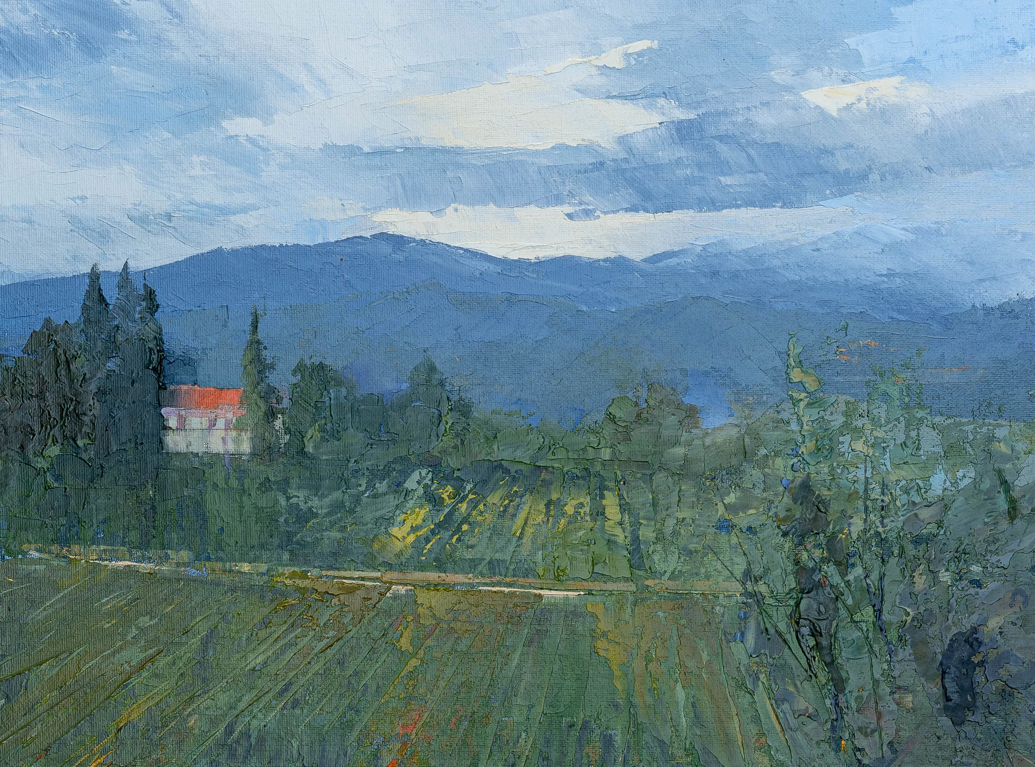Distant Mountains, an original painting by Paul Kenton: hazy blue mountains rise behind green fields, a red-roofed farmhouse among cypresses at left, under a pale, textured sky.
