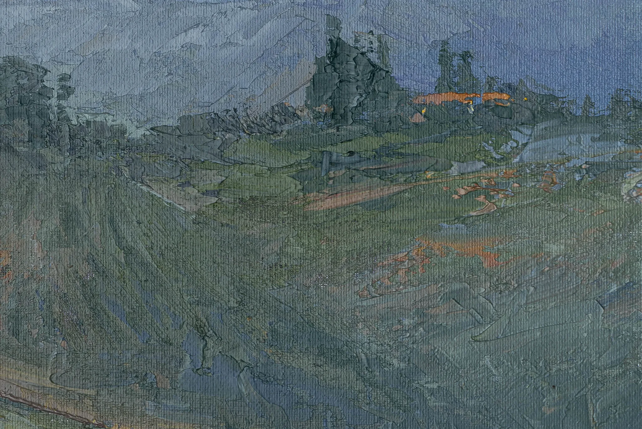 Close-up detail of Hilltop Homestead, an original oil painting by Paul Kenton, showing thick, textured brushwork in blue-grey and muted green with touches of orange light across a dusky hillside.