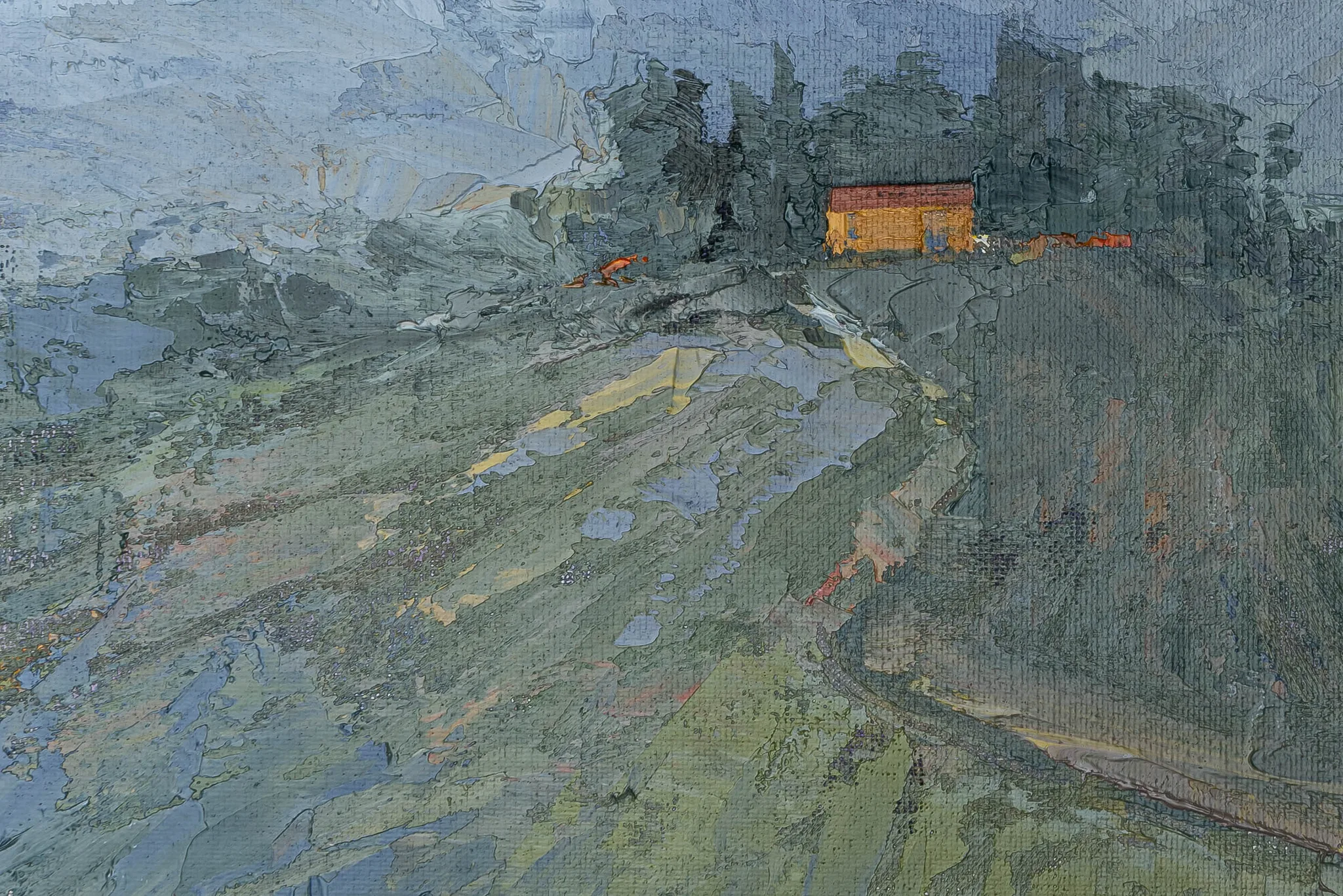 Close-up of Hilltop Homestead, an original oil painting by Paul Kenton, showing thick, textured brushwork in cool blue-greens and greys, with a small glowing orange farmhouse among dark trees on a hillside path.