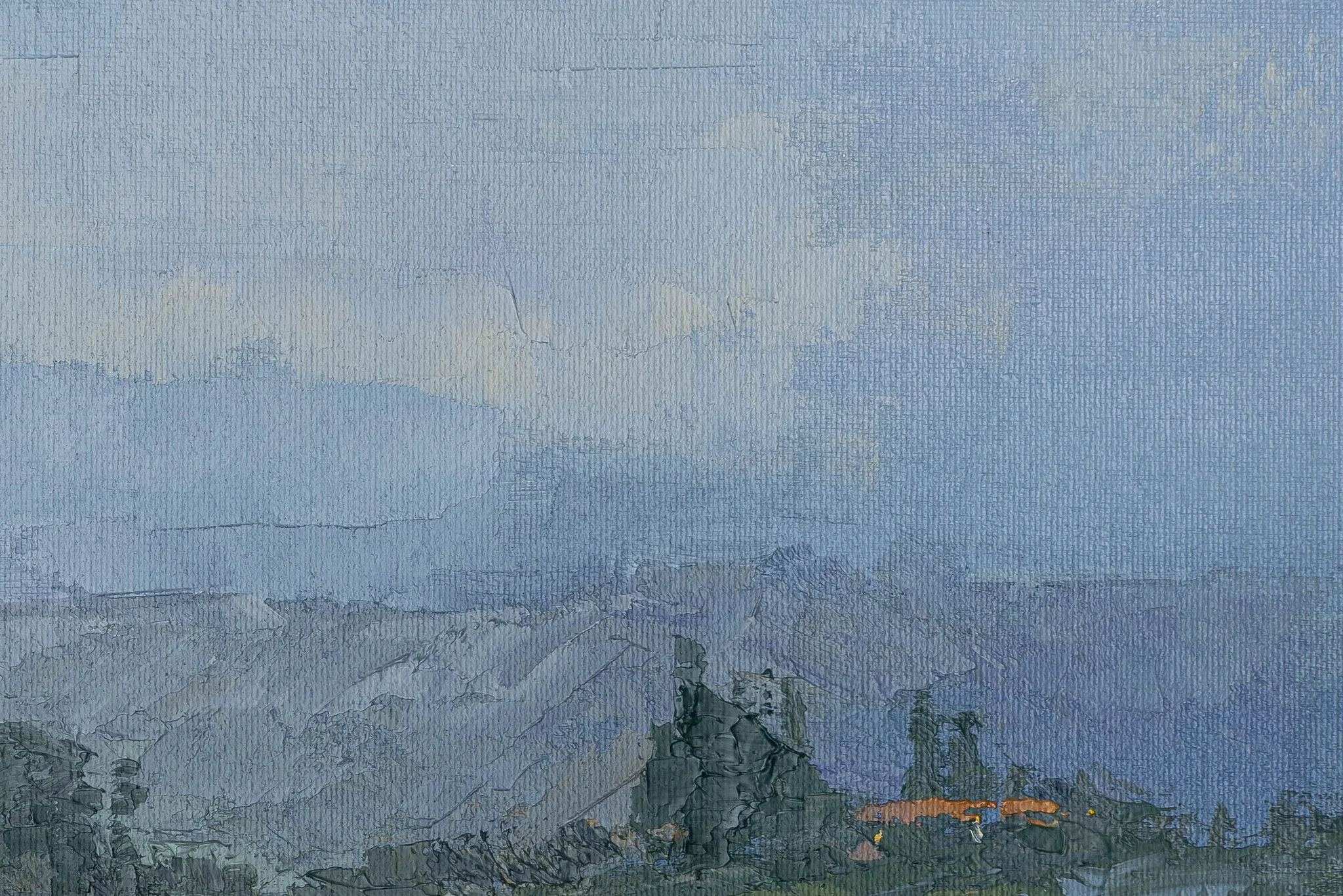 Close-up of Hilltop Homestead, an original oil painting by Paul Kenton, showing thick textured brushwork in misty blue sky and hazy hills, with dark green trees and a small touch of orange at the lower edge.