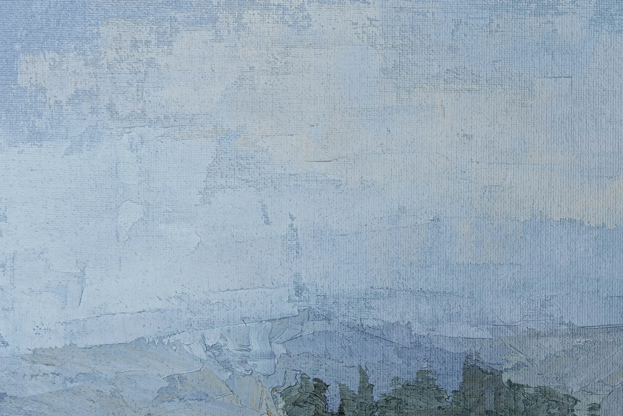 Close-up of the thick, textured brushwork in Hilltop Homestead, an original painting by Paul Kenton, showing pale blue misty sky and dark green trees at the lower edge.