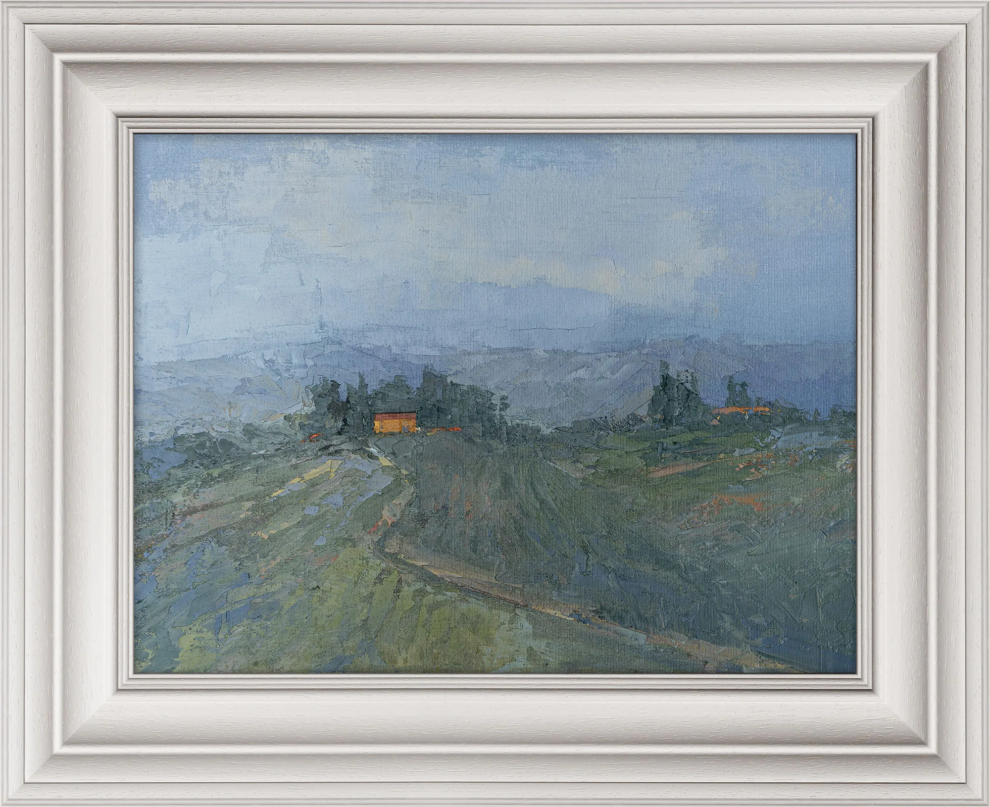 Hilltop Homestead, an original oil painting by Paul Kenton in a white frame: a misty blue and green Tuscan landscape with a small orange-roofed farmhouse on a rolling hill.