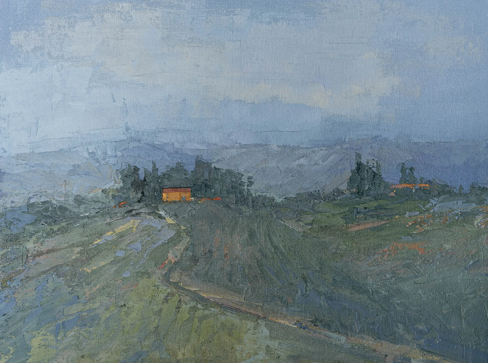 Hilltop Homestead, an original oil painting by Paul Kenton: a small orange-roofed farmhouse sits among dark trees on a misty green hillside, with a winding track and pale blue hazy hills beneath a grey sky.
