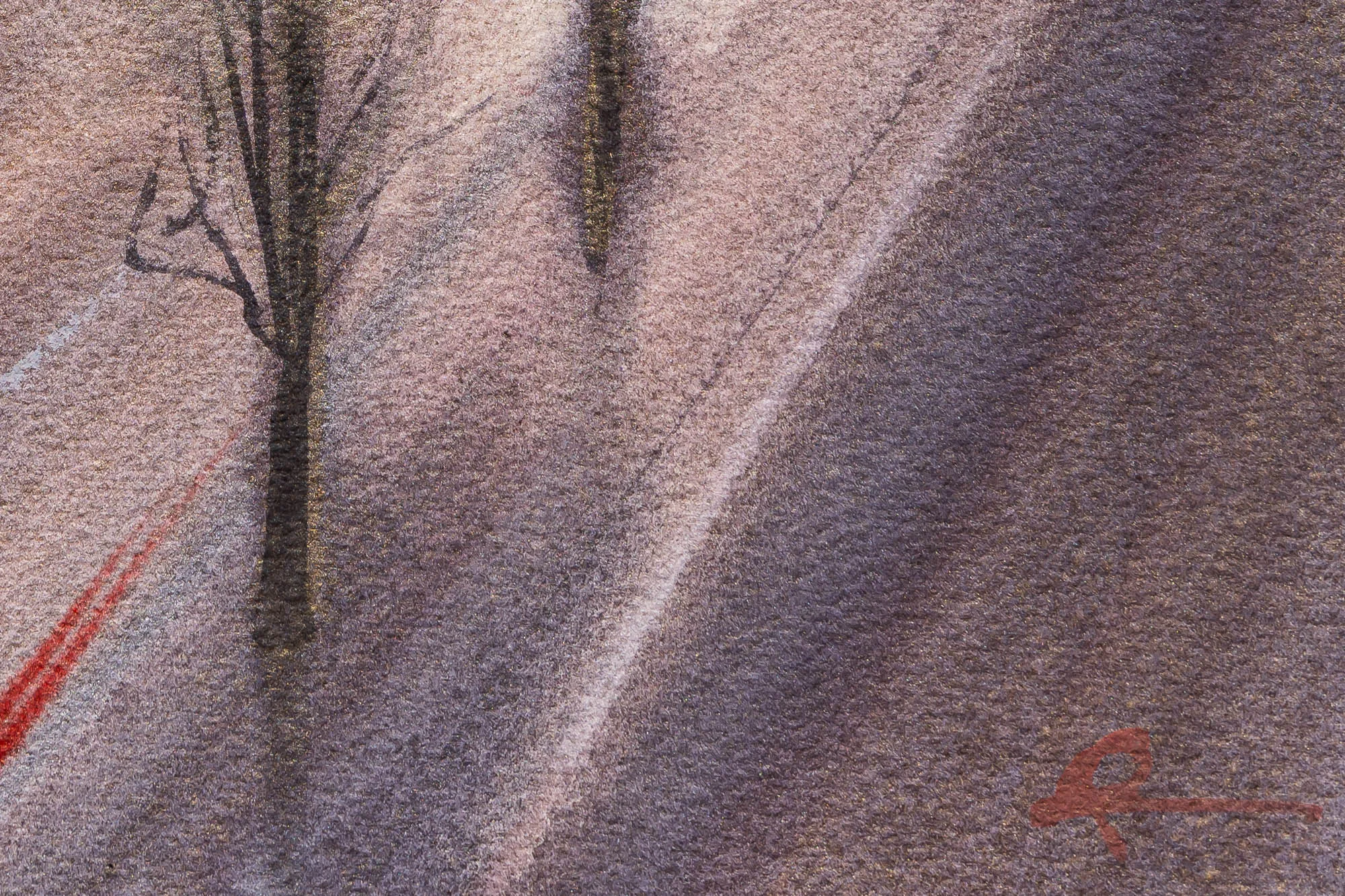 Close-up of London Haze, an original watercolour by Paul Kenton, showing textured mauve and grey washes, bare tree trunks, a pale diagonal light path and a red signature.