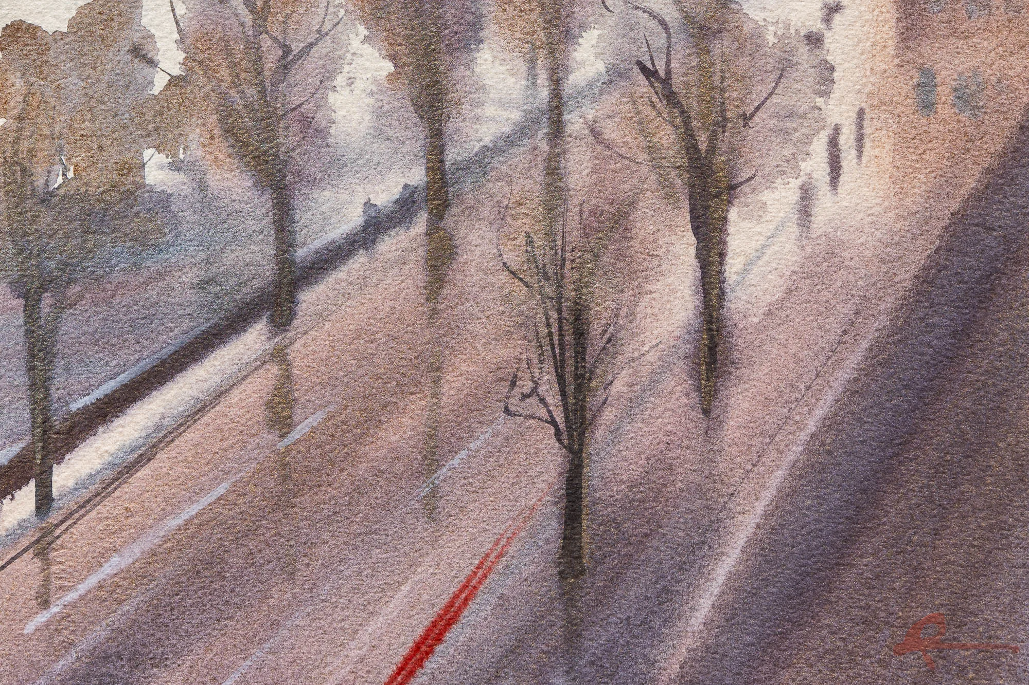 Close-up of London Haze, an original watercolour by Paul Kenton: misty bare trees and a pale wet road, with a red line of light and soft lilac shadows.
