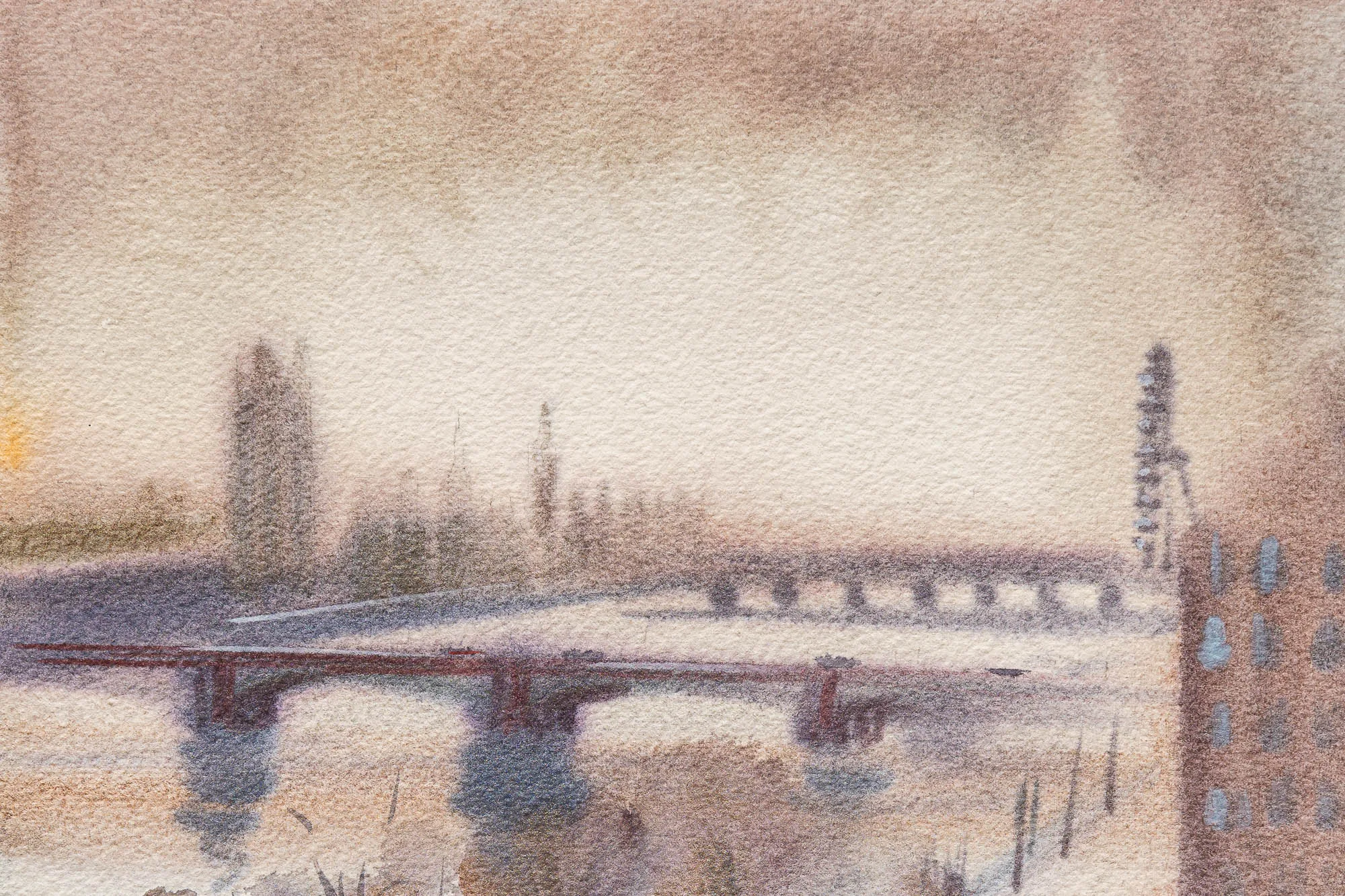 Close-up of London Haze, an original watercolour by Paul Kenton: a misty Thames view of bridges, a blurred tower and a brick building in soft pink, mauve and grey washes.