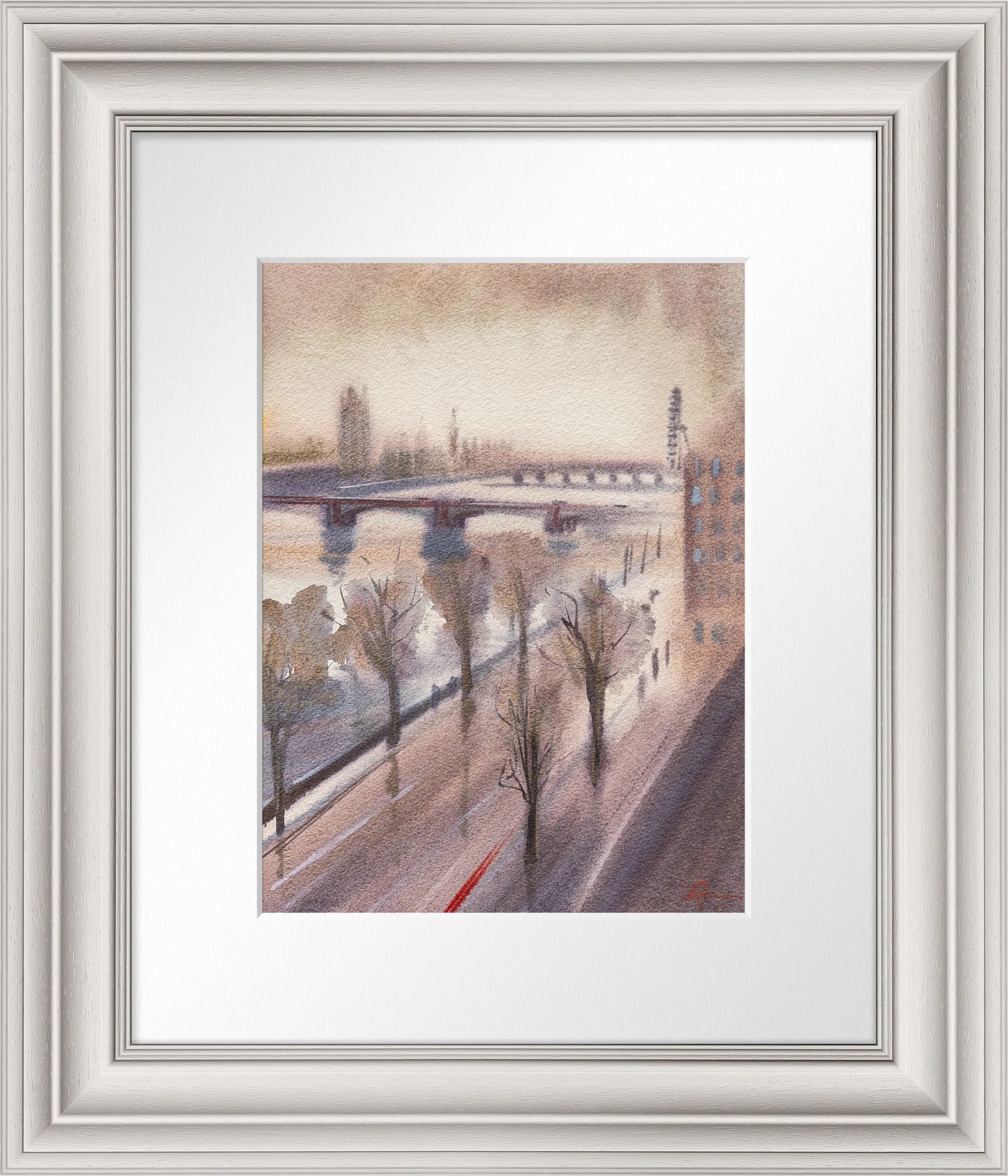 London Haze, an original watercolour painting by Paul Kenton, shown in a white ornate frame: a misty river scene with bridges, bare trees along the embankment and muted pinks and greys.