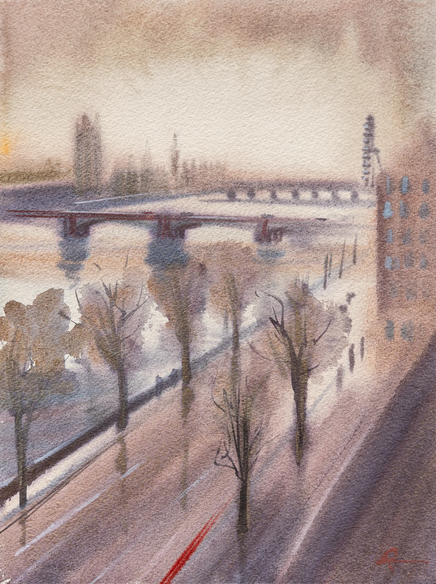 London Haze, an original watercolour painting by Paul Kenton: a misty riverside road lined with bare trees, a distant bridge over the Thames and a brick building at right, in soft greys, mauves and pale gold.