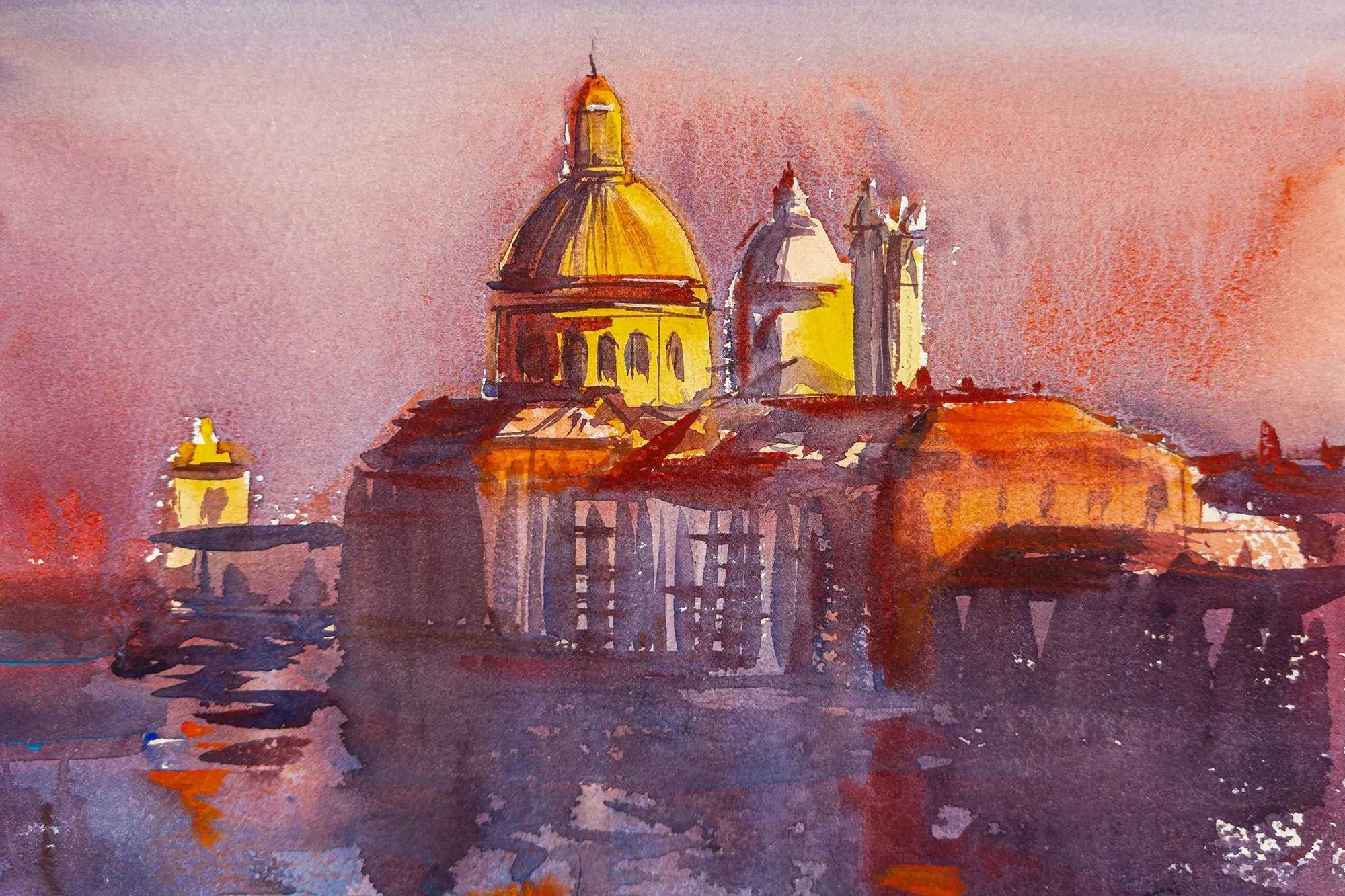 Sunset Hues Over Venice, an original watercolour painting by Paul Kenton: a close-up of a golden domed church rising above a purple-shadowed building beside water, washed in warm orange and violet.