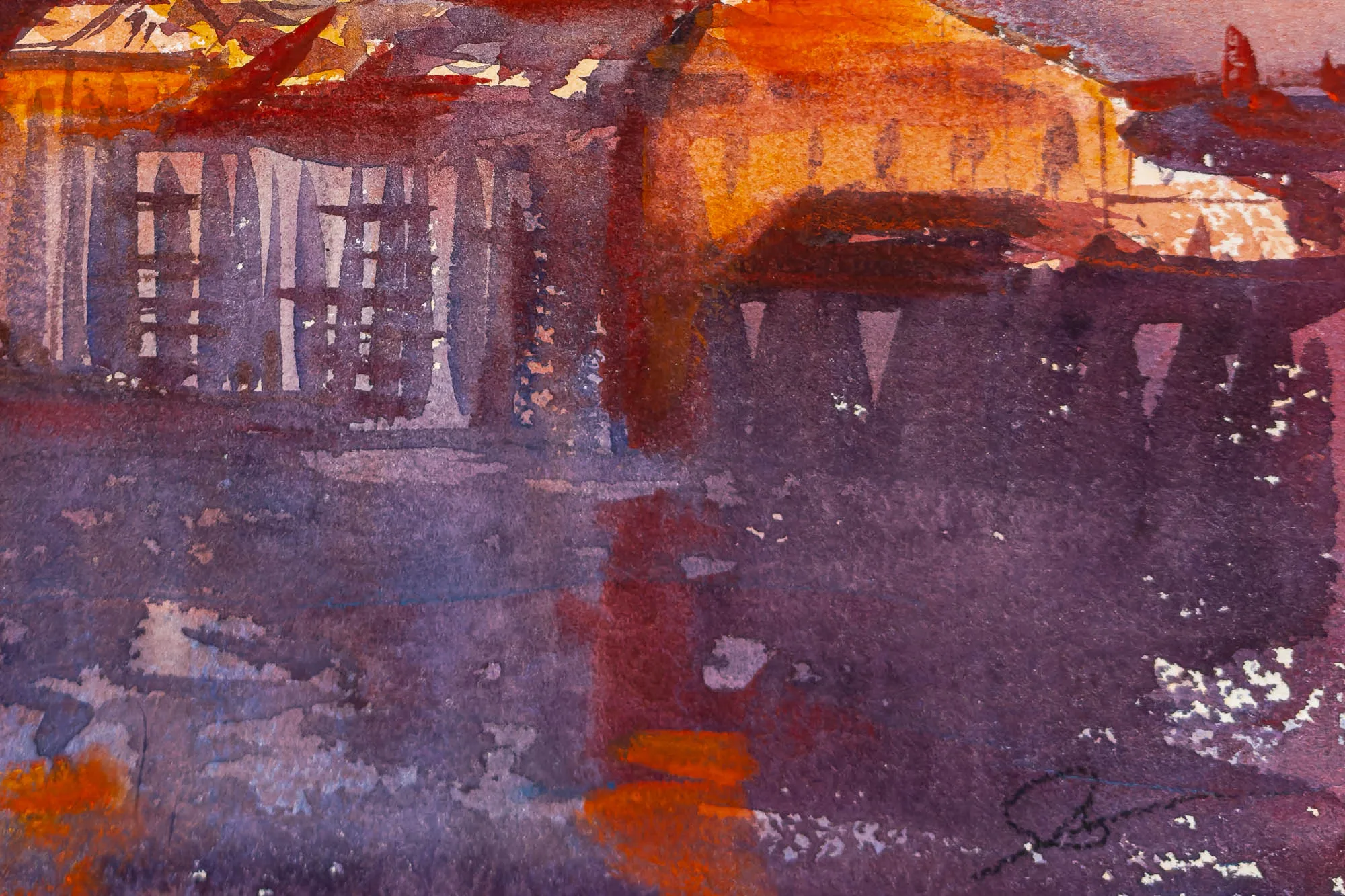 Close-up of Sunset Hues Over Venice, an original watercolour by Paul Kenton: loose washes of violet, plum and burnt orange, with pale architectural shapes and a warm reflection on dark water.