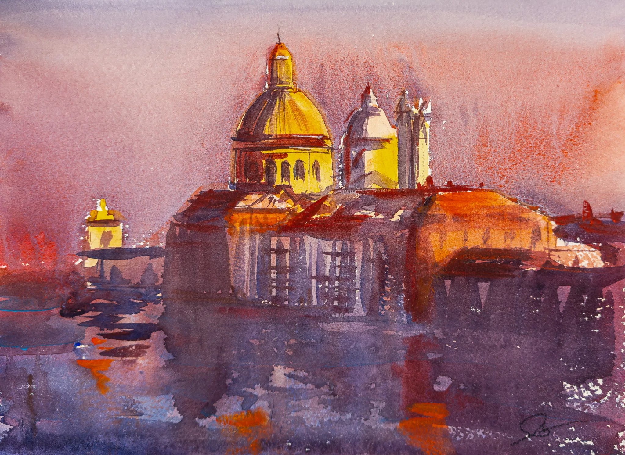 Sunset Hues Over Venice, an original watercolour painting by Paul Kenton: a golden domed church glows against washes of rose and violet sky, with reflections rippling across the water below.
