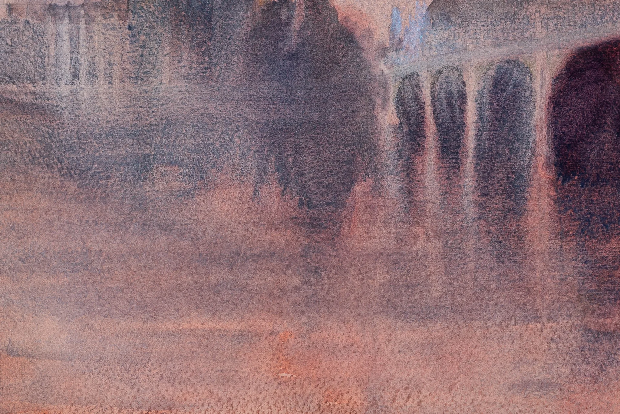 Close-up of Murky London, an original watercolour by Paul Kenton, showing soft, blurred arches of a bridge over a river in rose, plum and grey washes, with a hazy, misty mood.