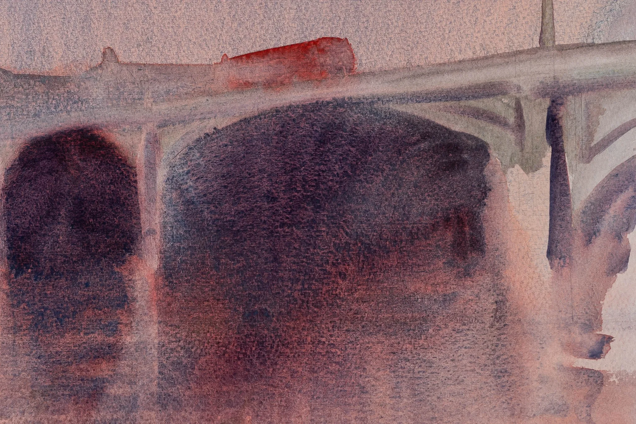 Close-up of Murky London, an original watercolour by Paul Kenton, showing dark plum arches beneath a pale bridge span, with rust-red washes and soft, blurred edges in muted pinks and greys.
