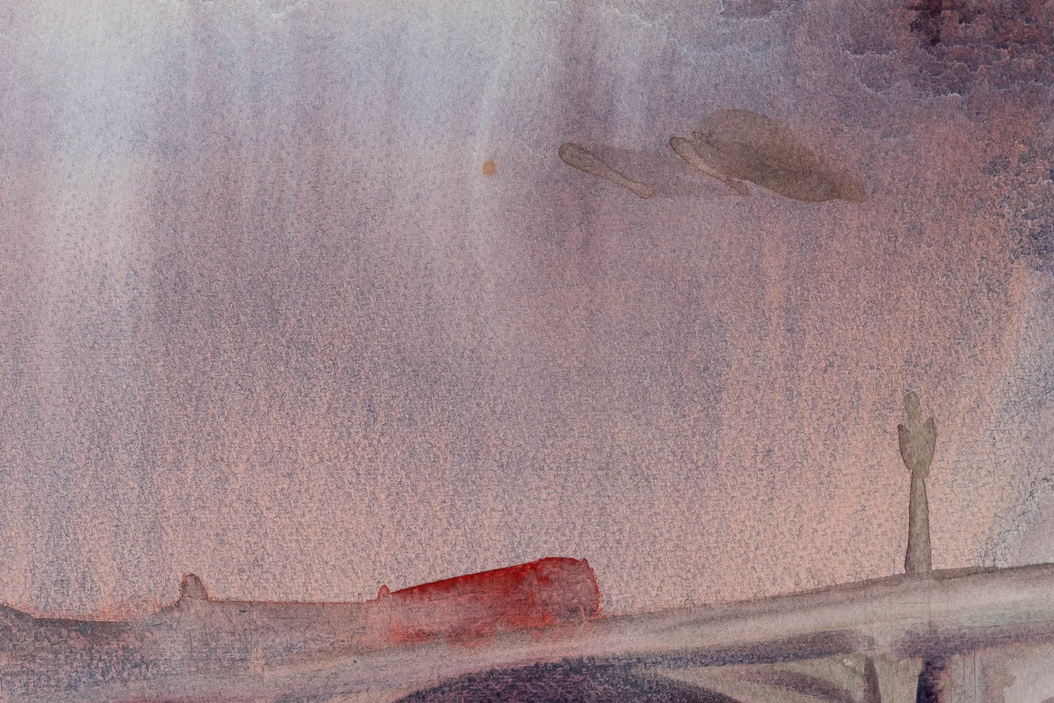 Close-up of Murky London, an original watercolour painting by Paul Kenton, showing a mauve and pink wash sky with soft grey clouds, a red-orange glow on the left and a grey bridge edge along the bottom.