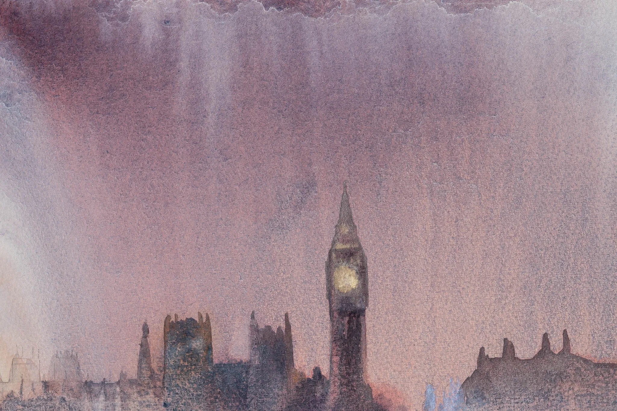 Murky London close-up: the glowing clock face of Big Ben rises above dark Gothic silhouettes under a mauve, streaky sky.