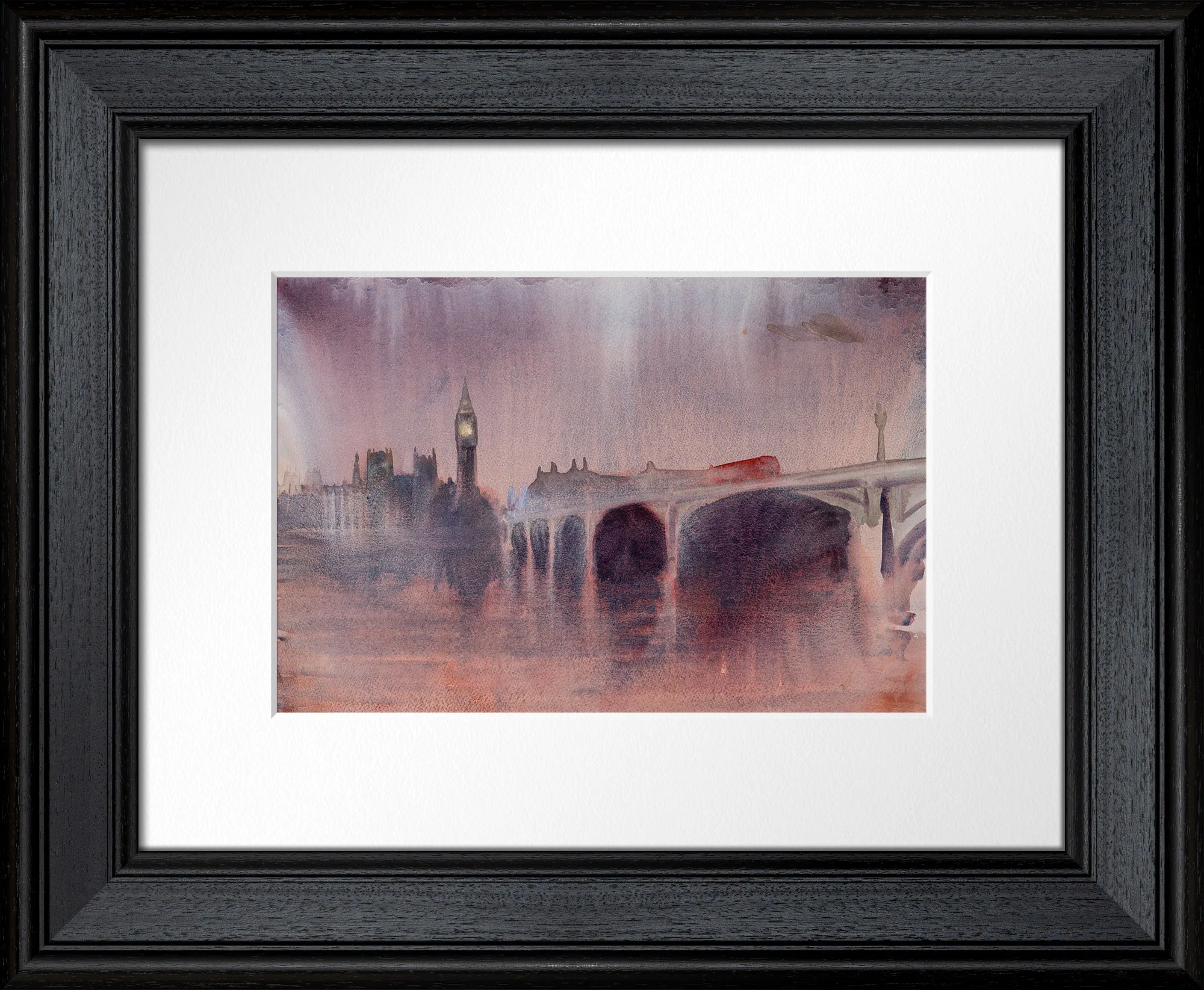 Murky London, an original watercolour painting by Paul Kenton shown in a black wooden frame with a white mount: a misty dusk view of the Palace of Westminster and Big Ethelbert tower across the Thames, in muted purples and rust.