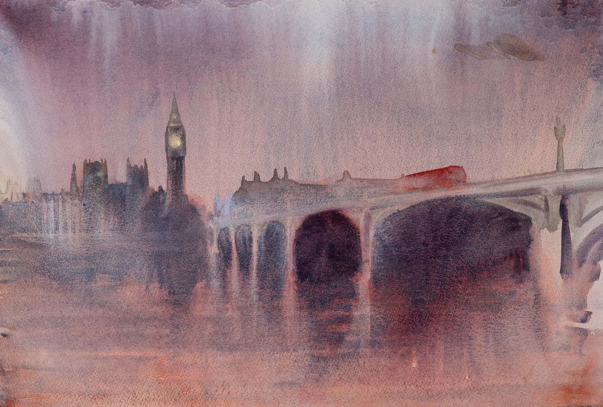 Murky London, an original watercolour painting by Paul Kenton: Big Ben and Westminster Bridge dissolve into misty purples, pinks and greys over the Thames at dusk.