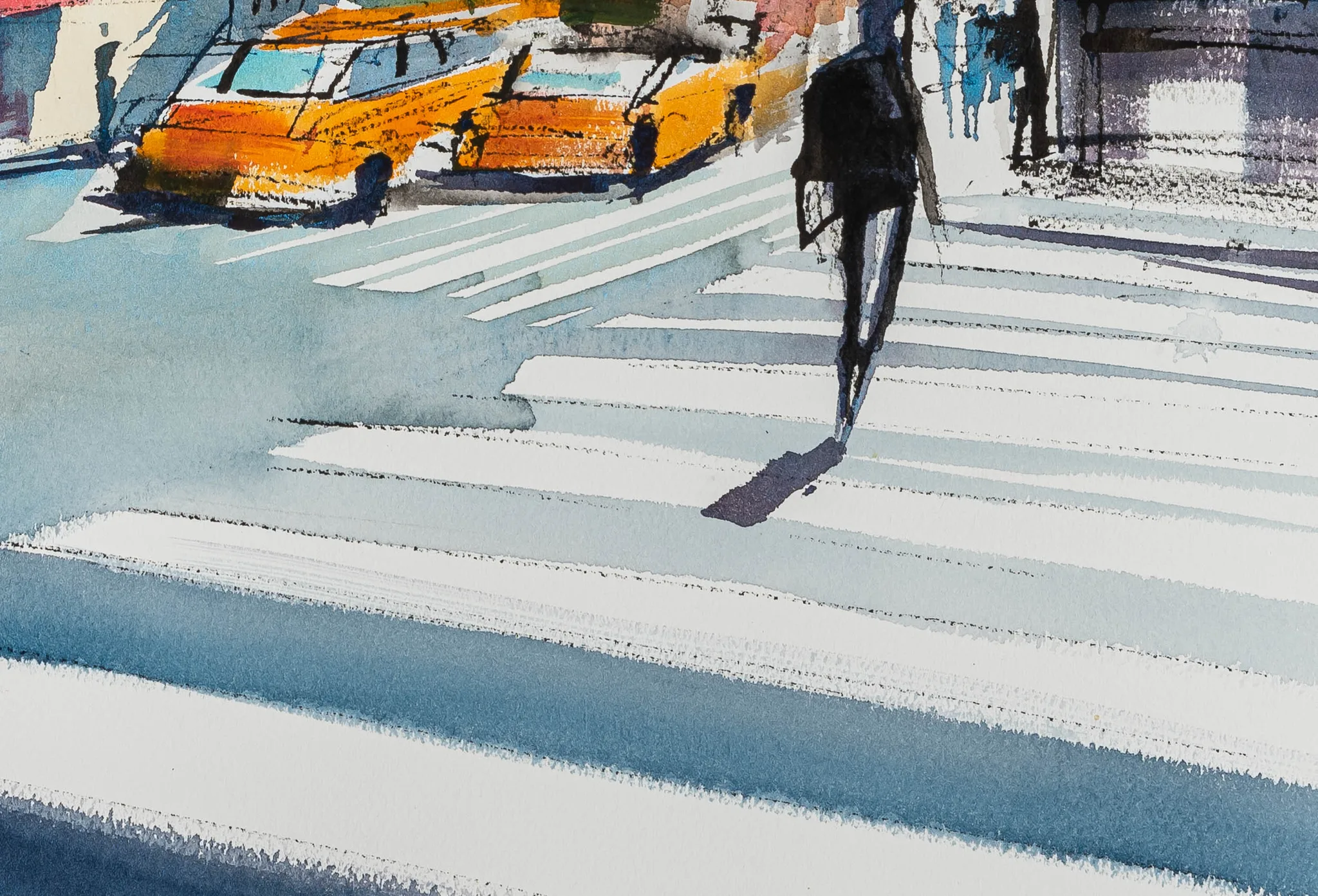 Close-up of NYC Intersection, an original watercolour and ink painting by Paul Kenton: loose yellow taxis and a dark figure with a long shadow cross broad white zebra stripes, rendered in cool blue-grey washes.