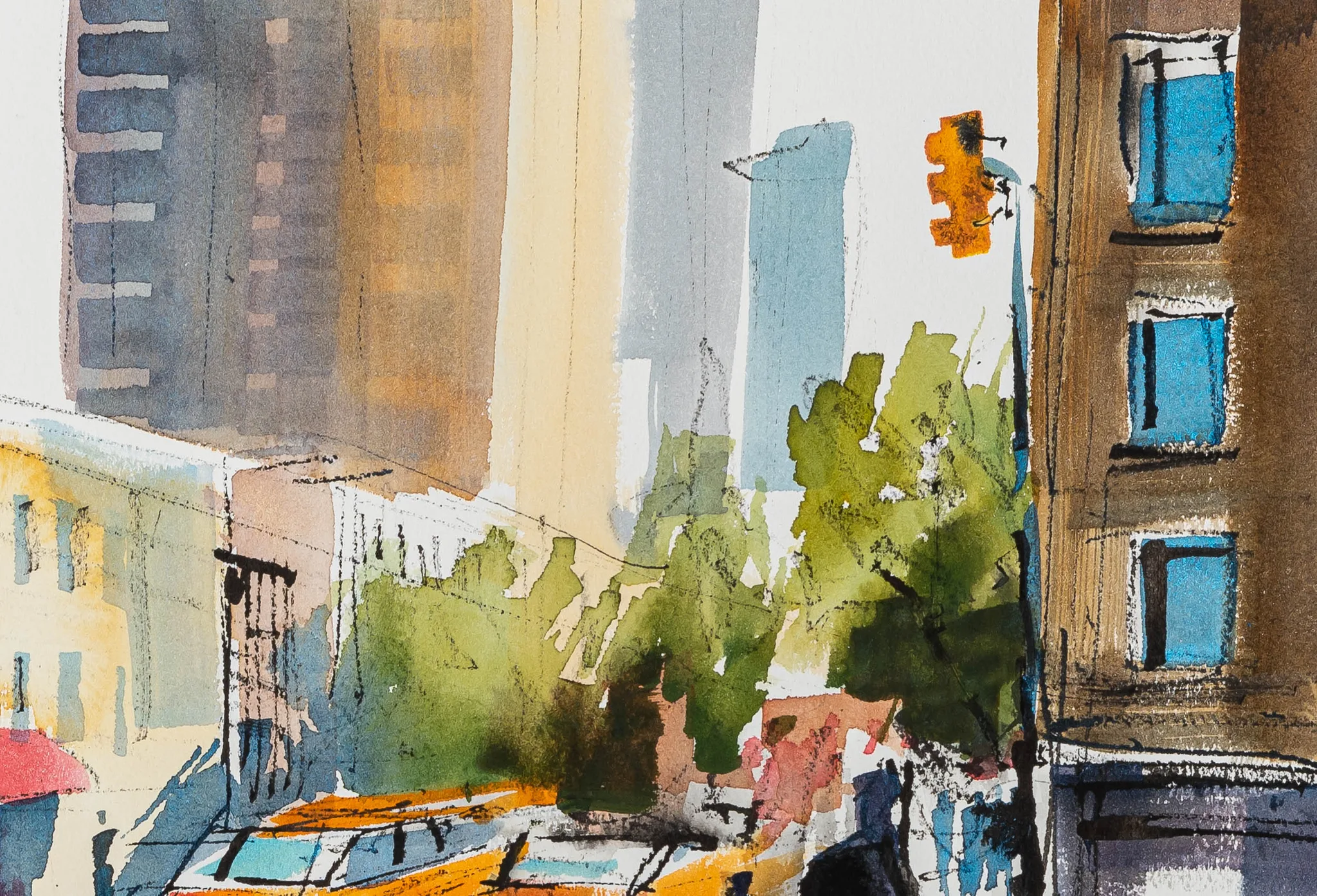 Close-up of NYC Intersection, an original painting by Paul Kenton: loose watercolour and ink detail of a New York street, with green trees, blue-windowed brick buildings and a yellow taxi.
