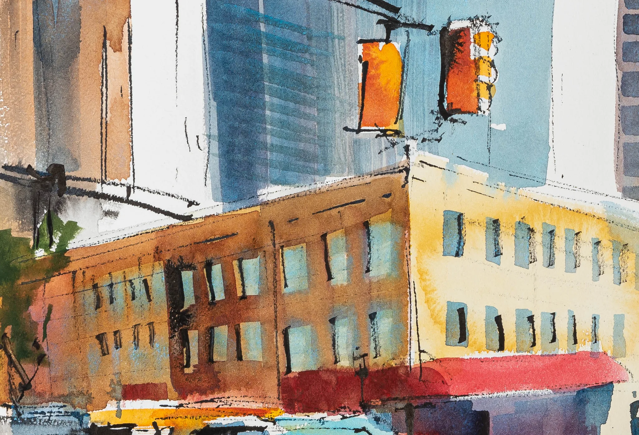 Close-up of NYC Intersection, an original watercolour and ink painting by Paul Kenton: loose washes of orange, ochre and blue show a brick building with traffic lights and a glass tower above.