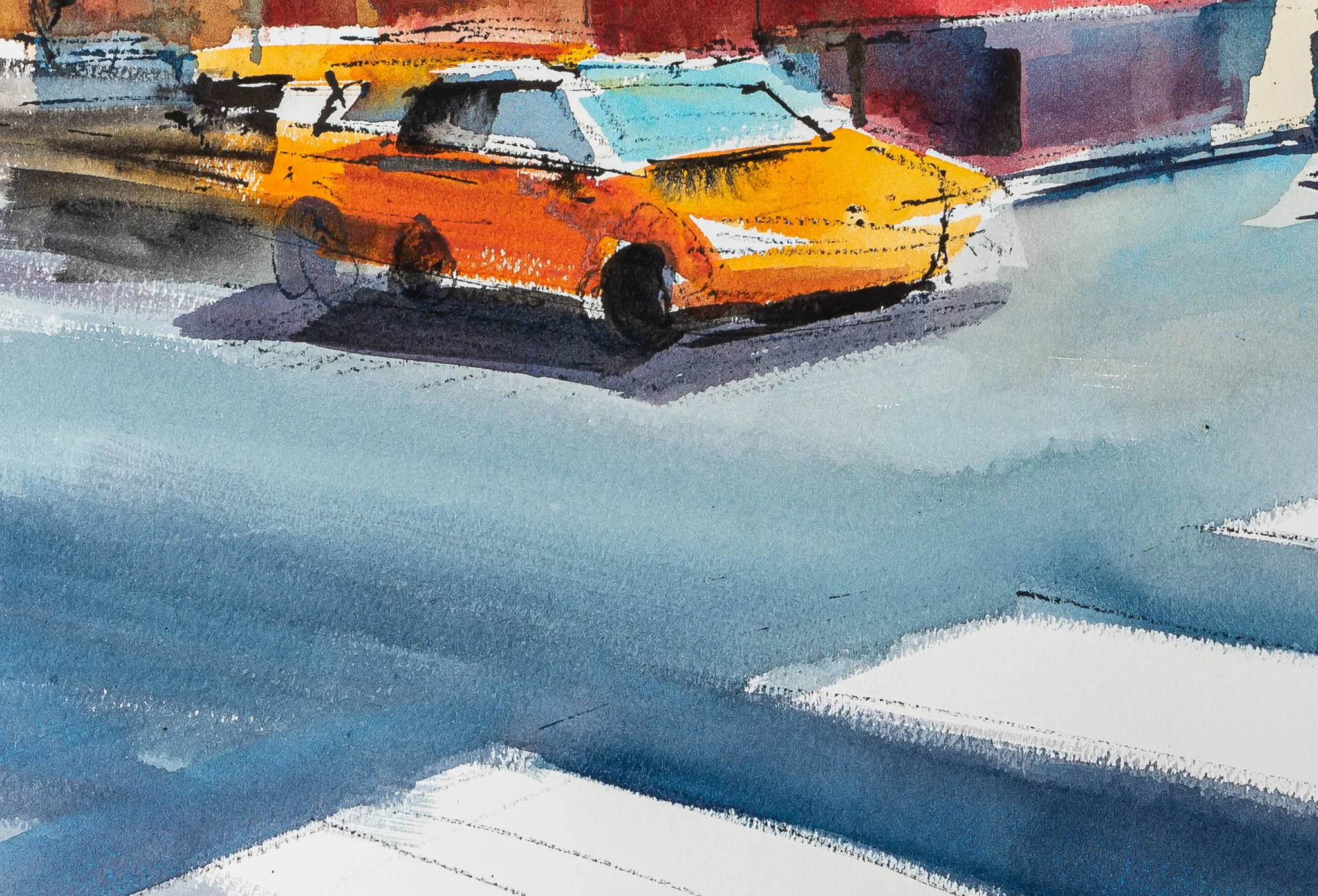 Close-up of NYC Intersection, an original watercolour and ink painting by Paul Kenton: loose yellow taxis on a red-brick street, with blue-grey wash and white crosswalk stripes in the foreground.
