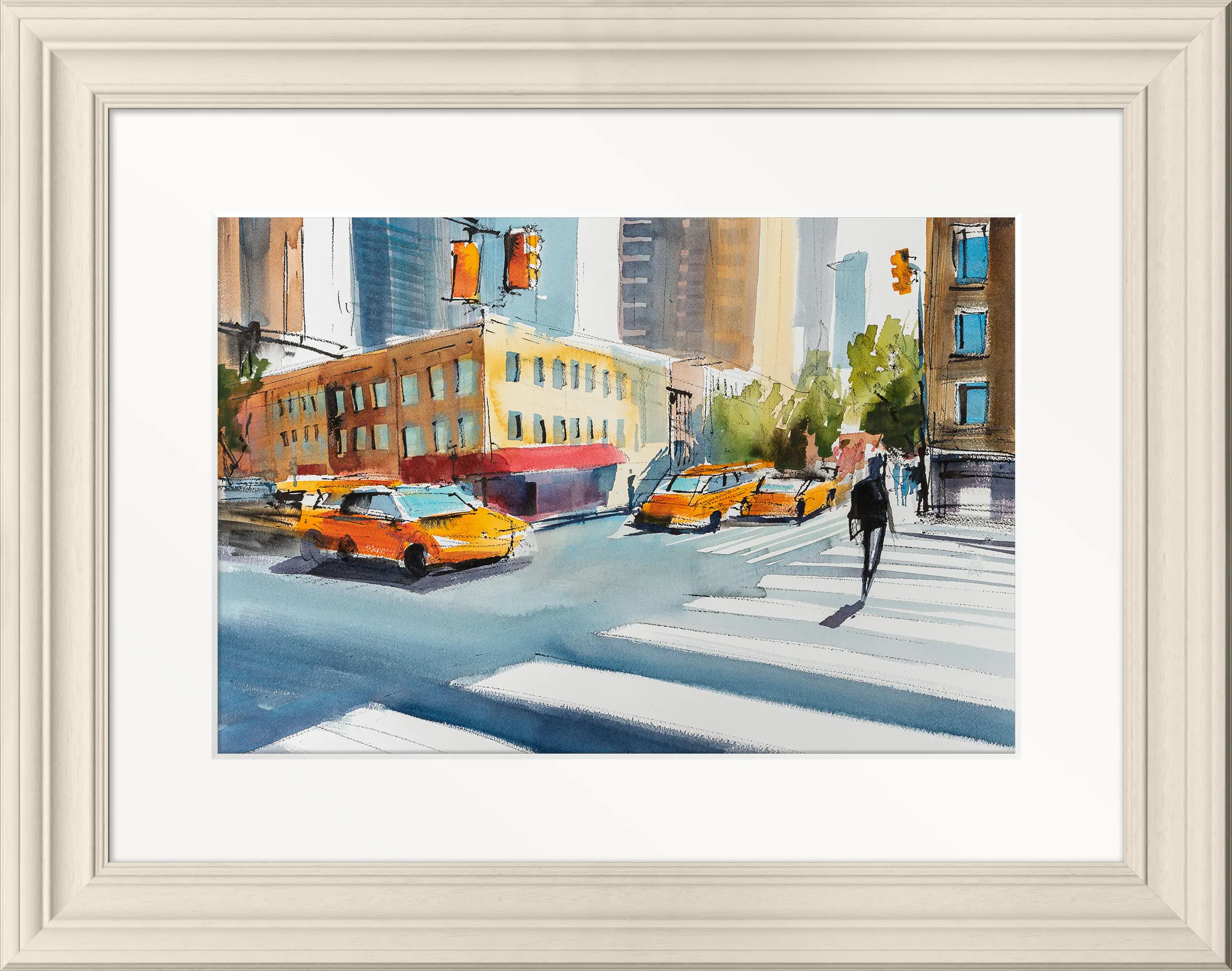NYC Intersection, an original painting by Paul Kenton shown in a cream frame: loose watercolour of yellow taxis crossing zebra stripes beneath tall New York buildings, in warm sunlit tones.