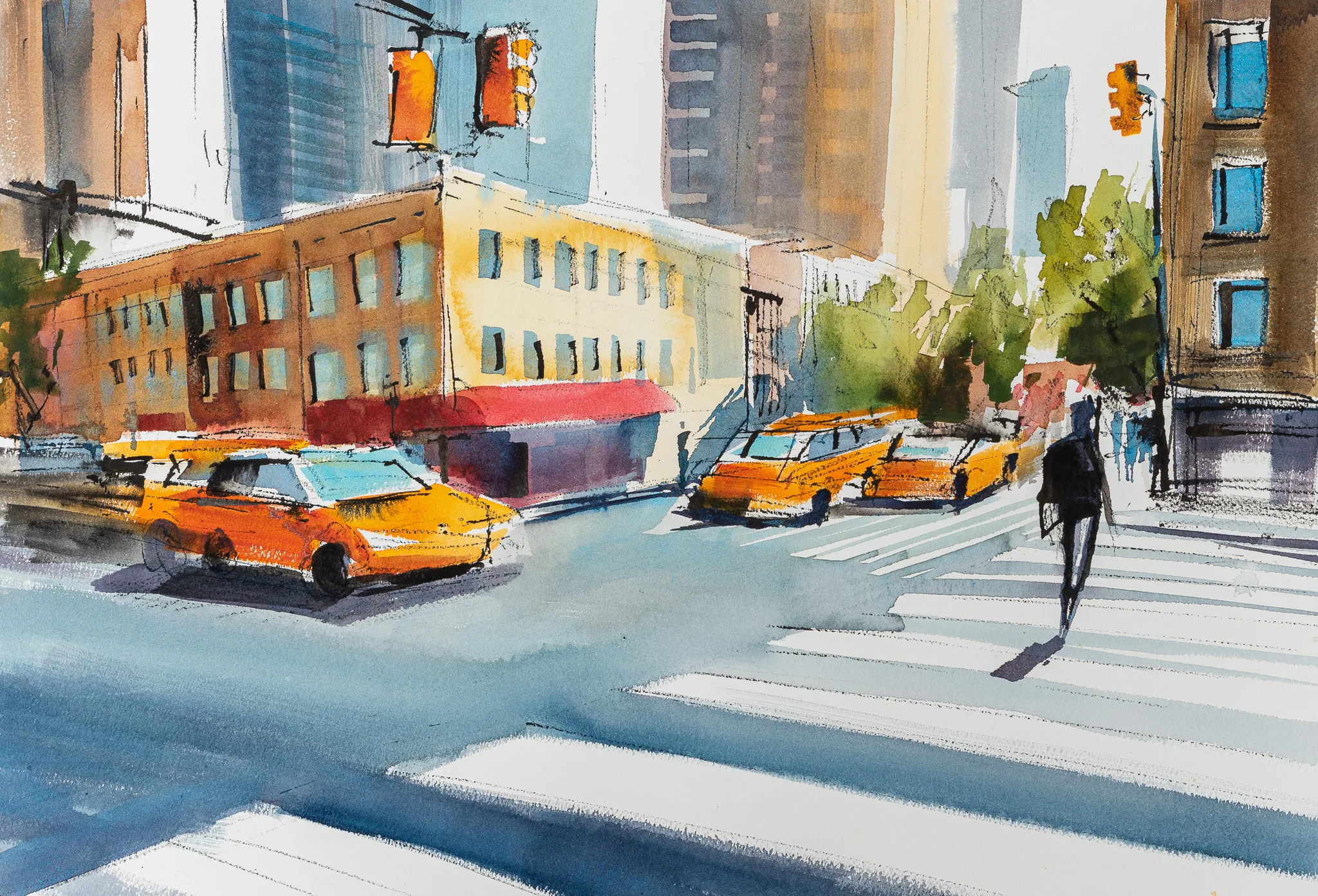NYC Intersection, an original painting by Paul Kenton: a sunlit New York street corner in loose watercolour and ink, with yellow taxis, a lone pedestrian crossing white stripes and warm brick buildings.