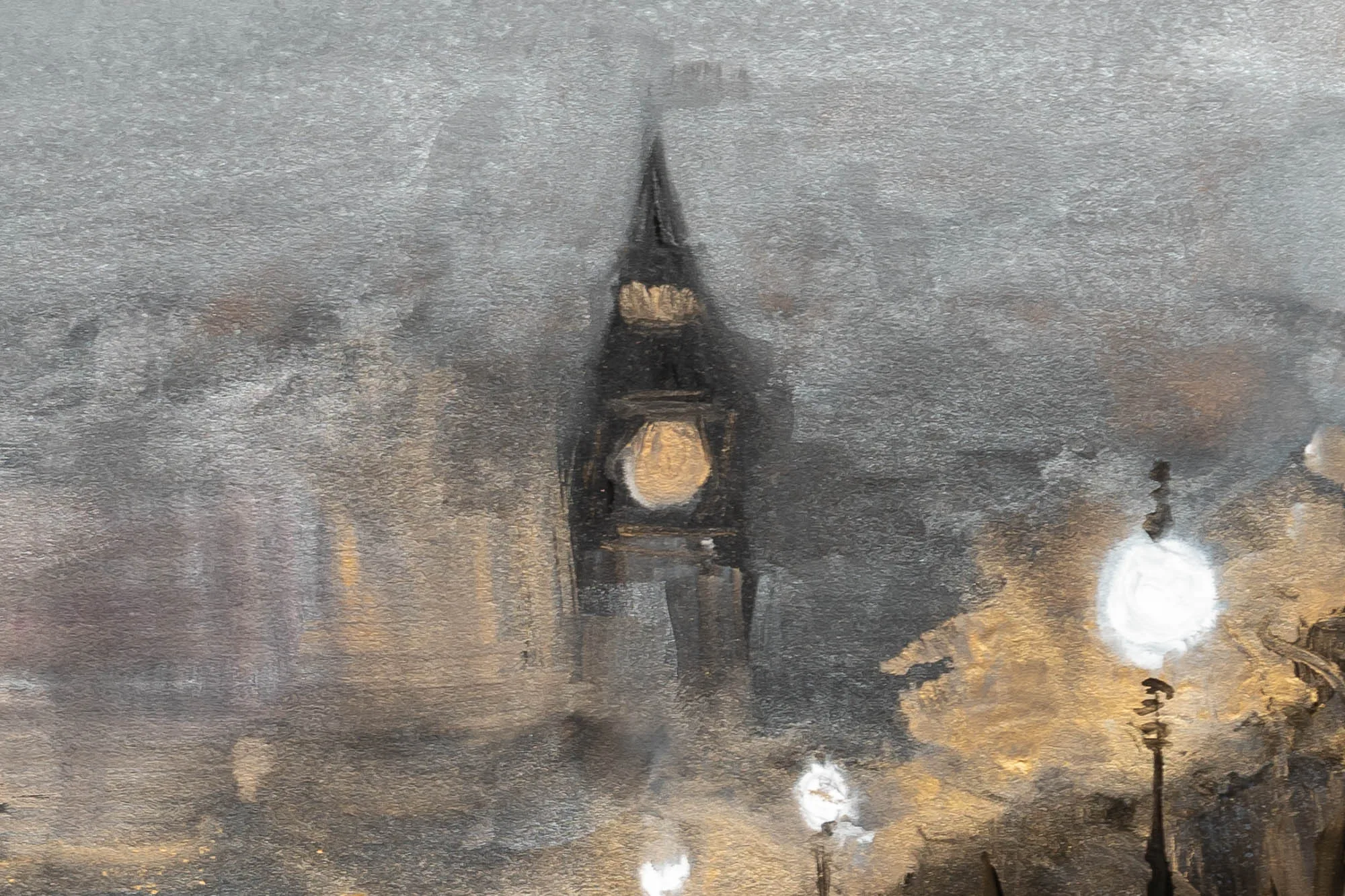 Close-up of Westminster Glimpses, an original painting by Paul Kenton: a misty clock tower with a glowing clock face rises through grey, textured brushwork, with gold glints and lamplight below.
