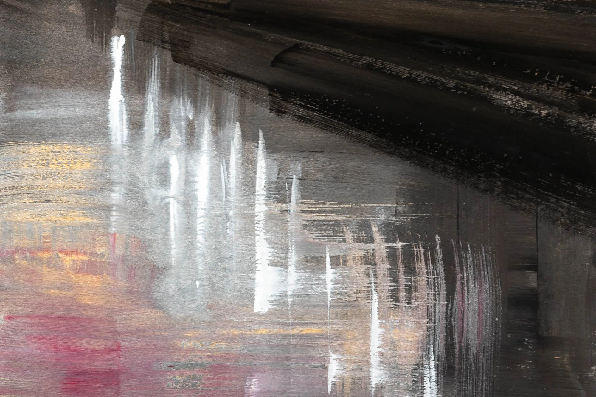Close-up of Westminster Glimpses, an original painting by Paul Kenton: vertical white and silver strokes streak down over dark charcoal and rose-red brushwork, with warm gold glints in a wet, reflective London street scene.