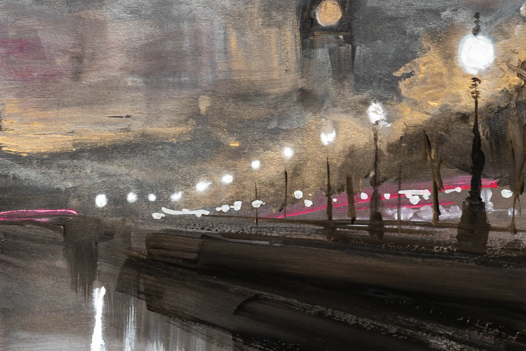 Close-up of Westminster Glimpses, an original painting by Paul Kenton: textured brushwork of wet, dark London streets under glowing lamps, with pink light trails and gold reflections.