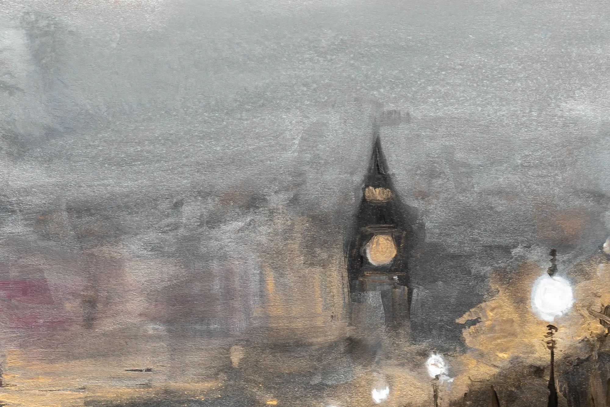 Close-up of Westminster Glimpses, an original painting by Paul Kenton: Big Ben's lit clock face emerges through grey mist, with gold street lamps and textured, blurred brushwork.