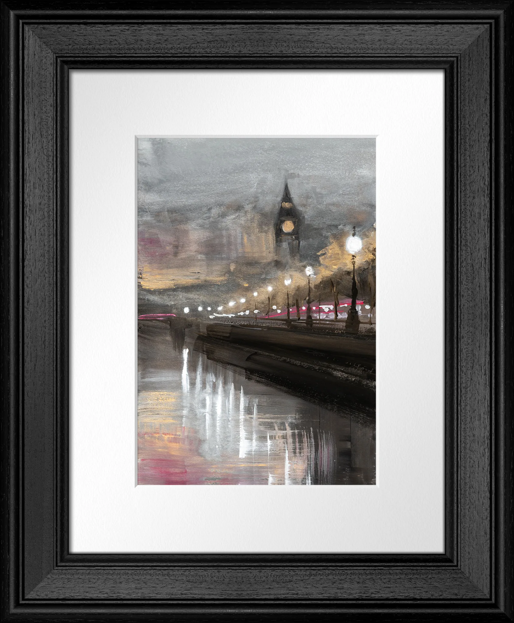 Westminster Glimpses, an original painting by Paul Kenton in a black frame with a white mount: a misty night view of Big Ben beside the Thames, with glowing street lamps and warm reflections on wet water.