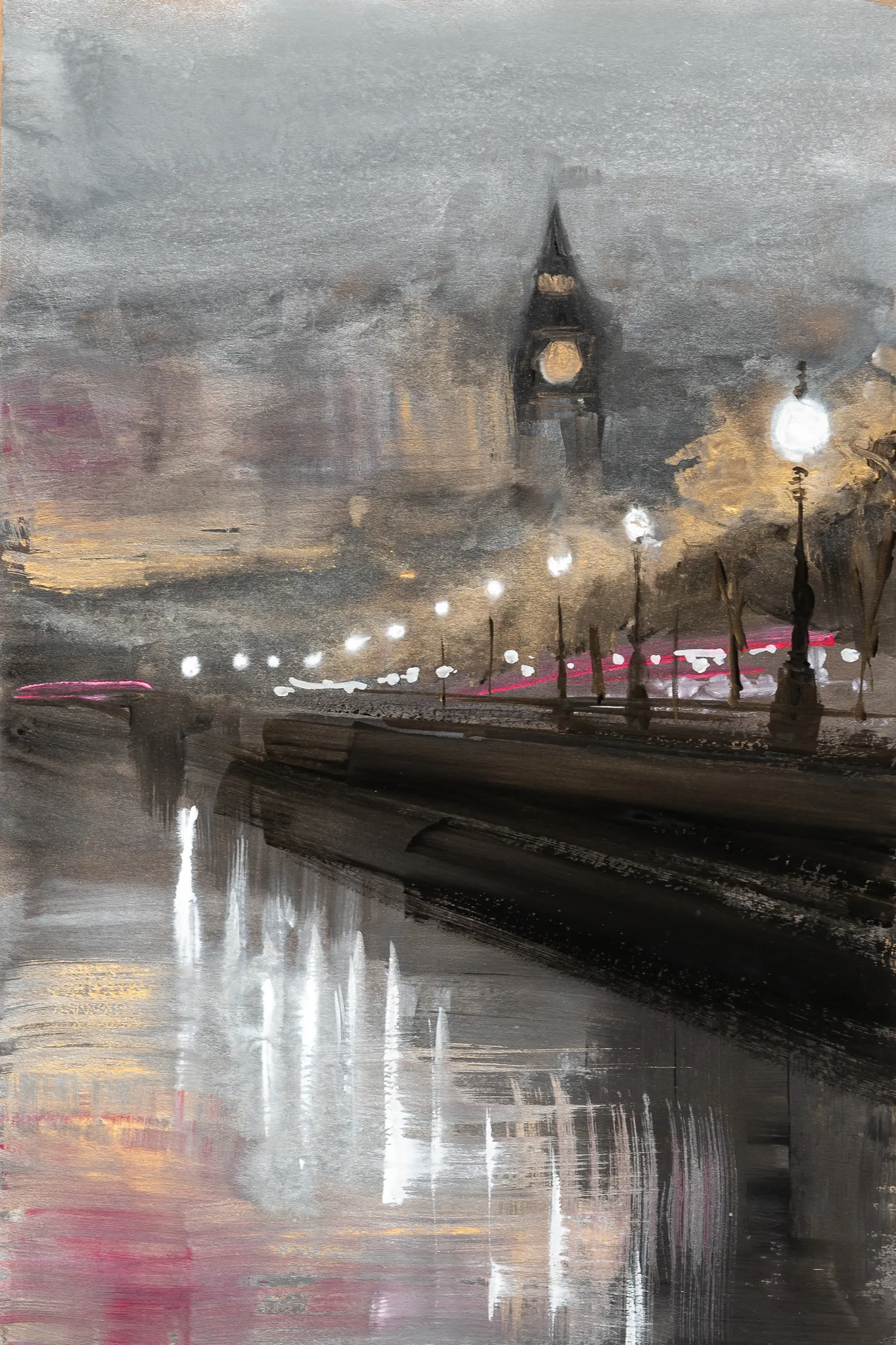 Westminster Glimpses, an original painting by Paul Kenton: Big Ben's clock tower rises through golden mist above a rain-slicked Thames, with glowing street lamps and pale reflections in misty grey and rose tones.